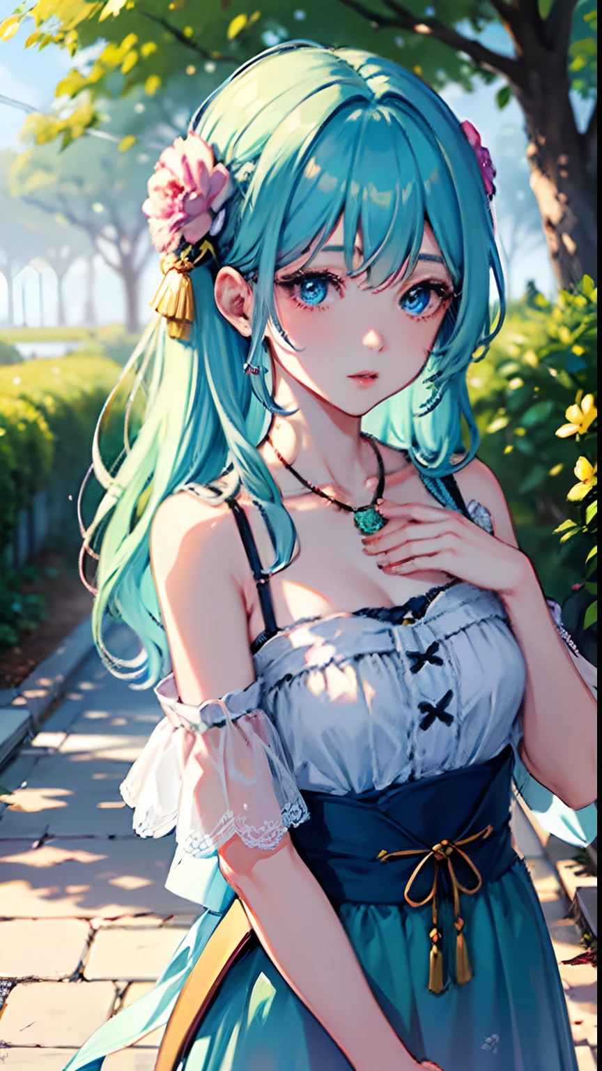 (masuter piece,Best Quality,Ultra-detailed), (A detailed face) realisitic, 1gril, 独奏, (lightblue hair), Floral ornament, length hair, blue eyess, 鎖骨, portraitures, cparted lips, flat-chest, Green Claw, a necklace, 耳Nipple Ring, see the beholder, Soft sunlight, plein air,Magic Afternoon, PastelColors,Fluffy impression, softfocus