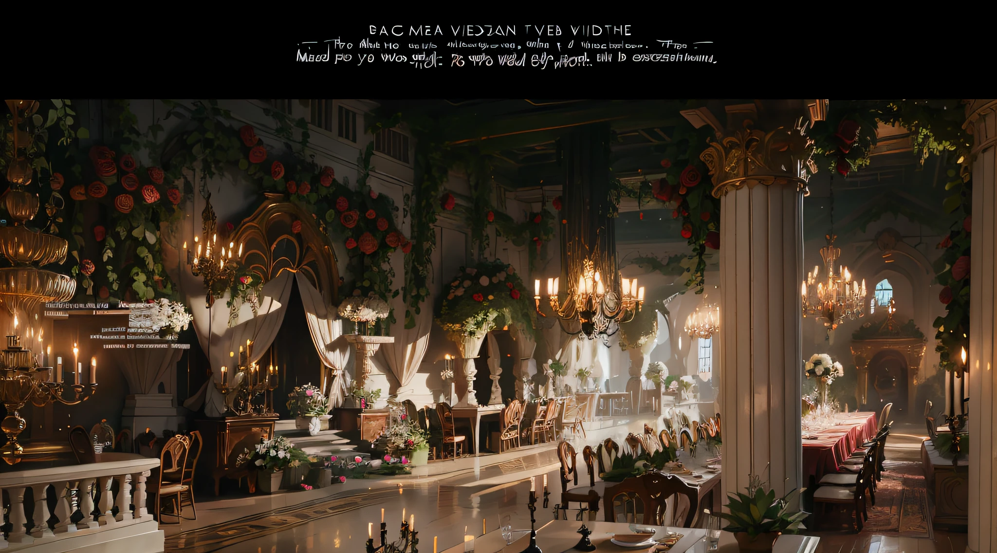 European Wedding,There were a lot of tables and chairs, dreamy atmosphere and drama, Magical atmosphere + Masterpiece, luxurious environment, fairy tale setting, illusory engine ; romantic motifs, Dreamy atmosphere, Magical atmosphere, luxurious wedding, author:Emma Andievska, Gothic antique theme, very magical and dreamy, palatial scene, stunning arcanum backdrop,Sleep chandelier,lots of roses,Roman columns