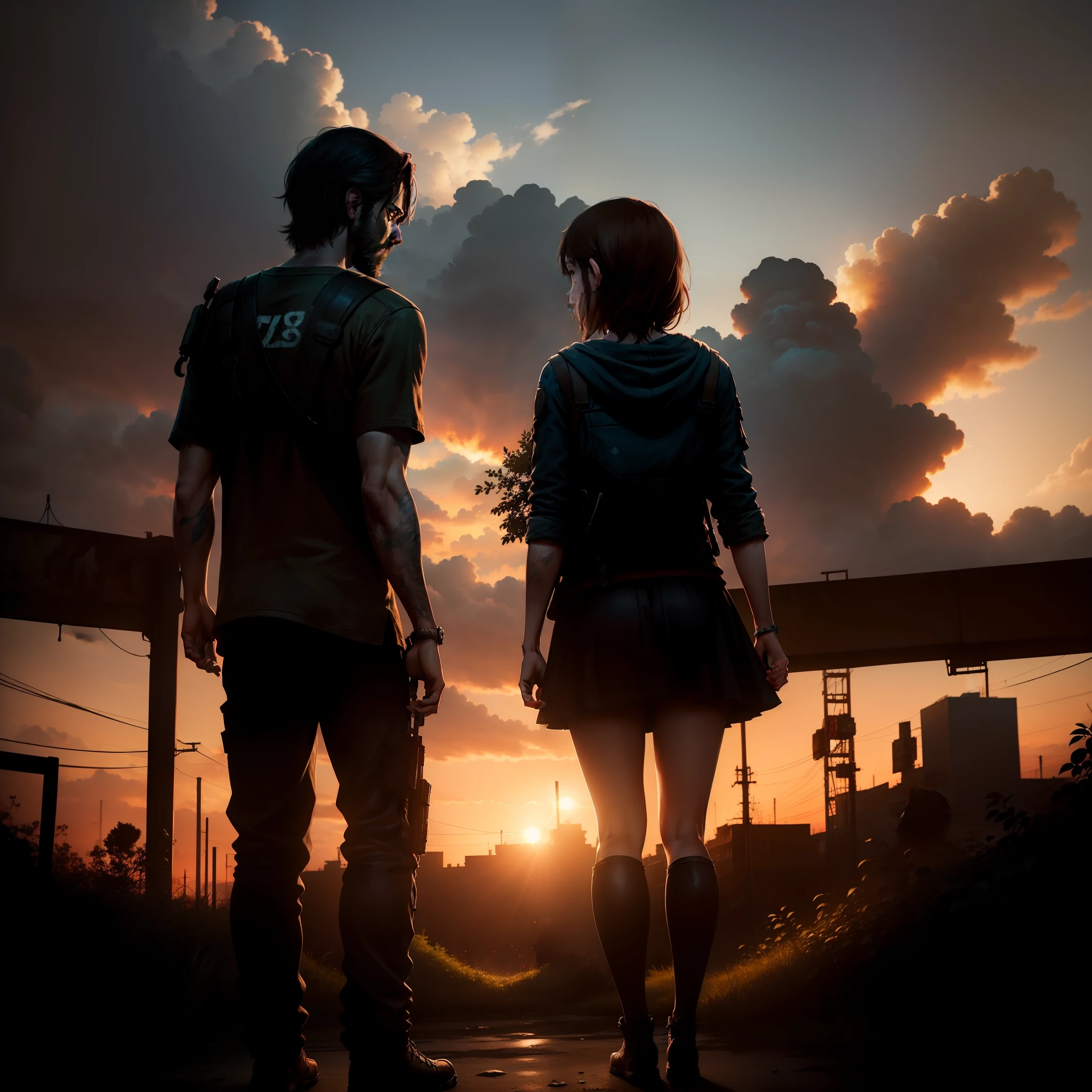 The Last of Us 1. Joel and Ellie at an abandoned amusement park. the Last of Us, Joel e Ellie, sun sunset, You only see the silhouettes of the man and the girl. the Last of Us, Joel e Ellie