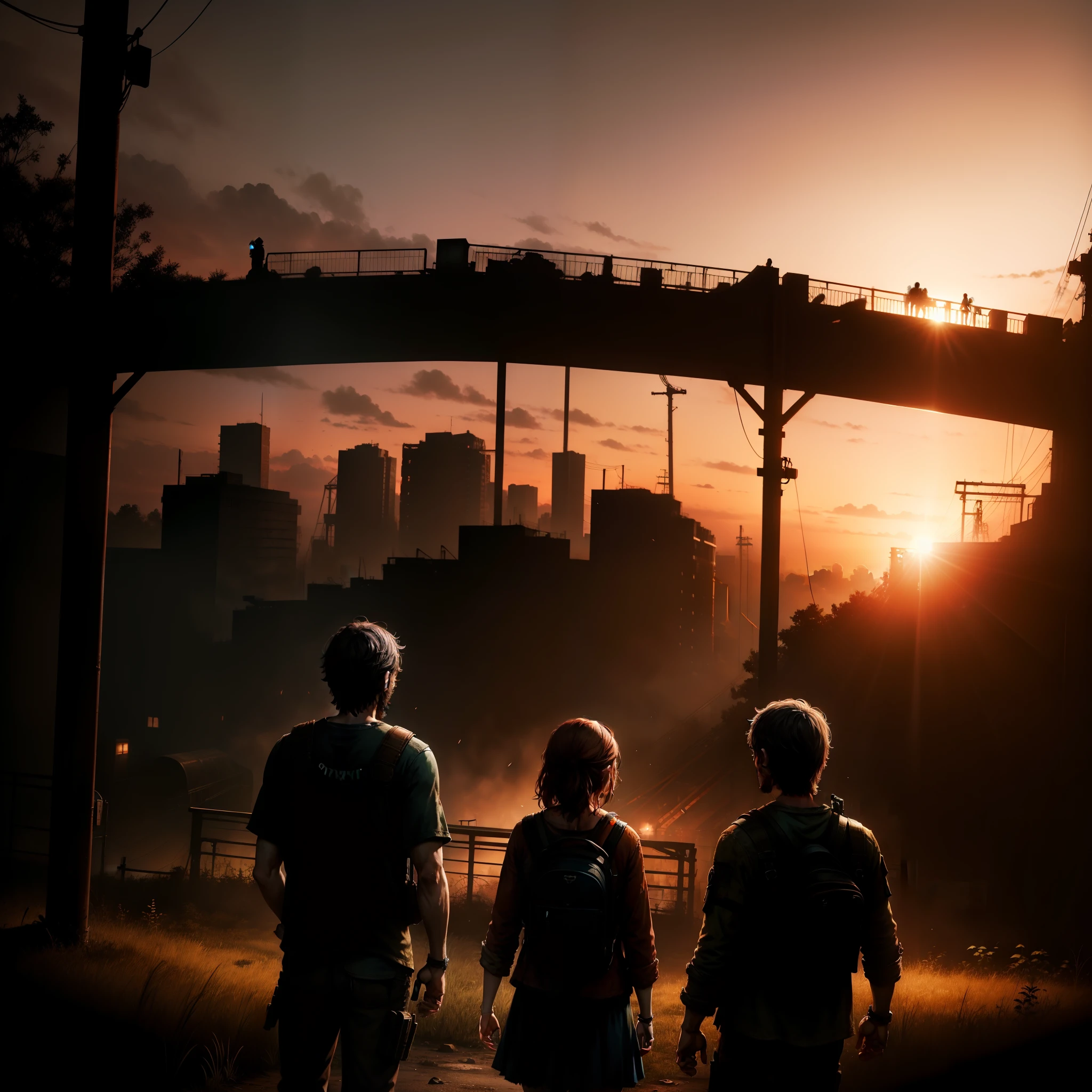 The Last of Us 1. Joel and Ellie at an abandoned amusement park. the Last of Us, Joel e Ellie, sun sunset, You only see the silhouettes of the man and the girl. the Last of Us, Joel e Ellie