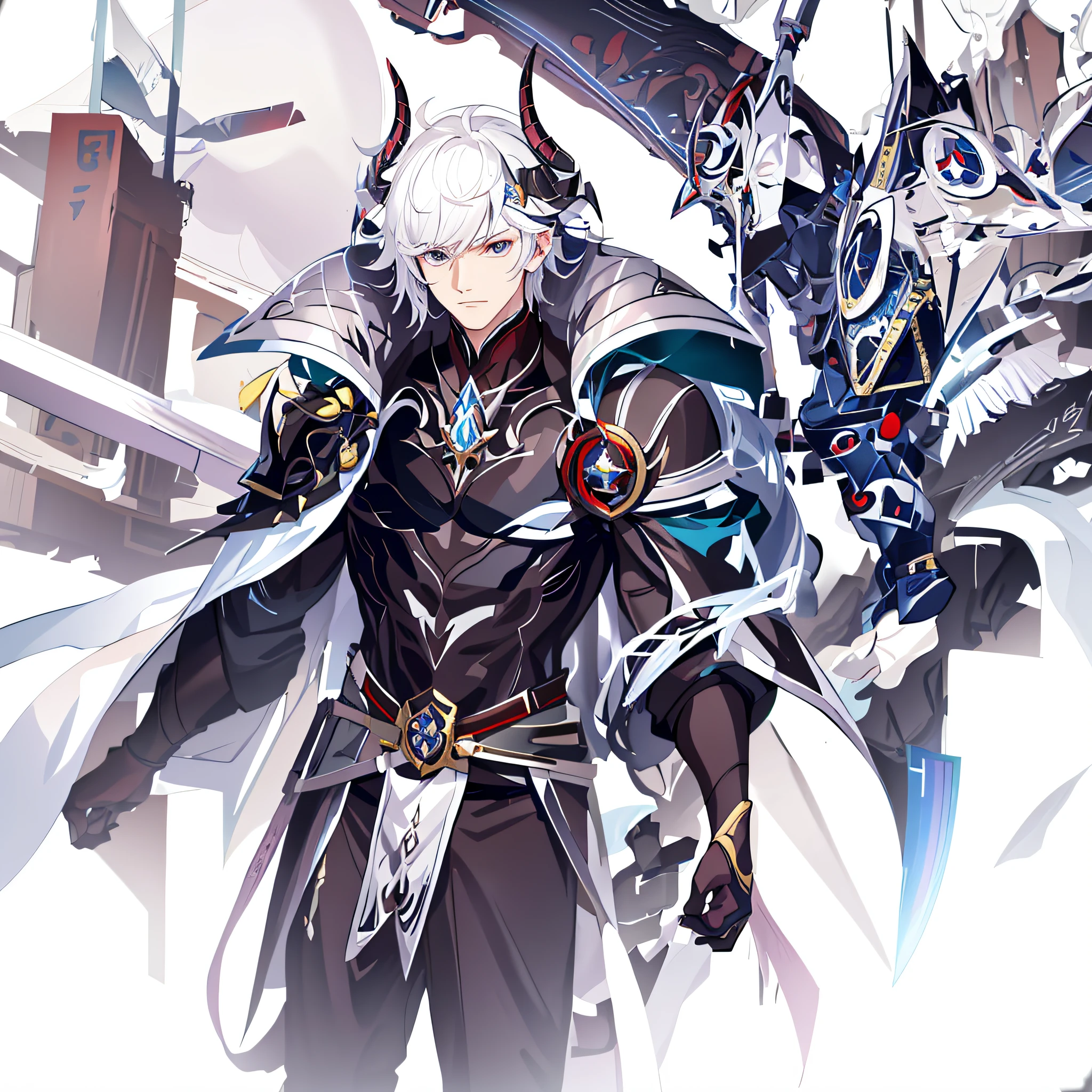 anime character with white hair and armor holding a sword, keqing from genshin impact, zhongli from genshin impact, genshin impact character, by Yang J, genshin, casimir art, genshin impact, official character art, video game genshin impact, demon male, aion, loong, key anime art, the former demon king
