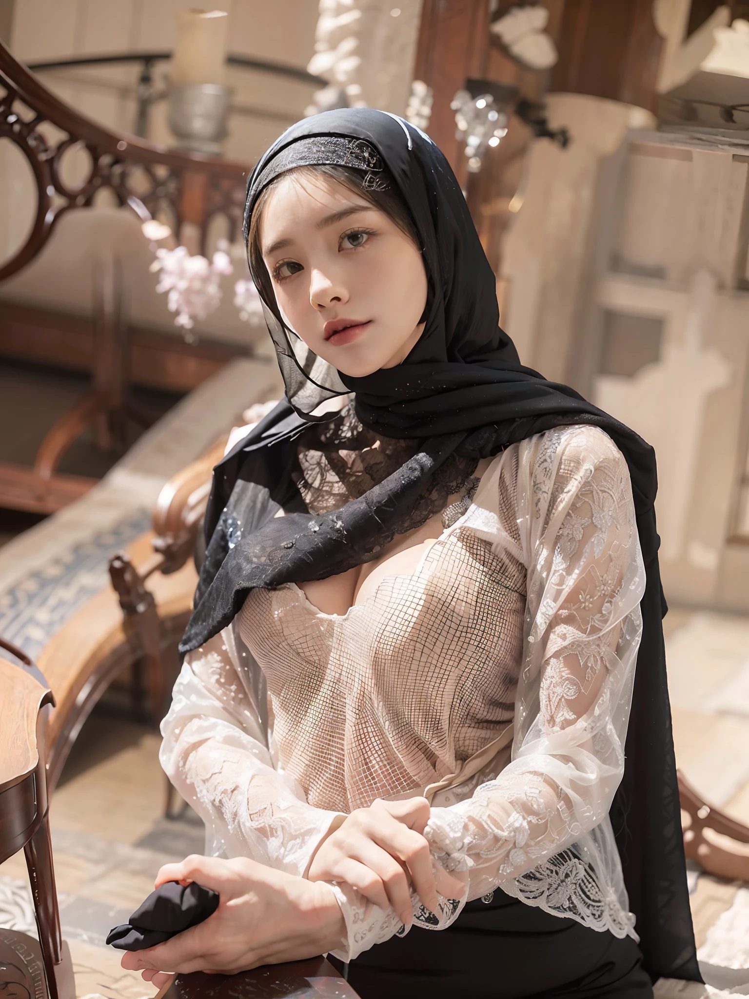 （big underboob，Tomboyish,small head)，(Well-defined abs: 1.1), (perfect bodies: 1.1),(short-length straighthair: 1.2), Black hair,attractive collarbone，（极其细致的CG 8k壁纸），（Extremely refined and beautiful），（tmasterpiece），（best qualtiy：1.0），（超高分辨率：1.0），upper body photos，[A high resolution]，Smooth and flawless fair skin，ultra - detailed ，a beautiful girl，Elongated legs，(huge breasts:1.5)，big chest，underboob，well-rounded figure，Wearing an Arabic headscarf and veil，Face obscured by black veil，Gorgeous abaya，no bra，，Black suspender stockings，barefoot，in front of a large mosque，Kneeling upright on the ground，from front，Close-up， in meditation，kindly
