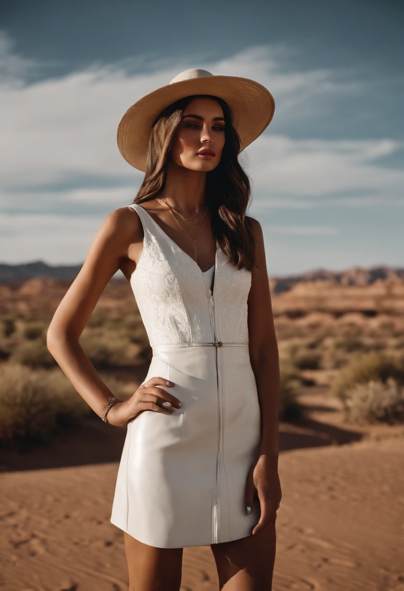 a young girl wearing a straw hat standing in the desert wearing a white dress and black leather jacket, in the style of celebrity photography, photo taken with provia, candid portraiture, genderless, leather/hide, modern jewelry, flickr .