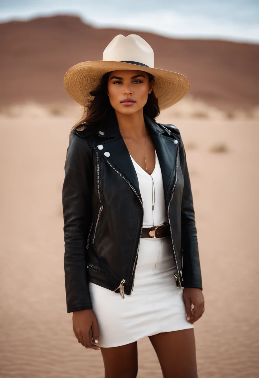 a young girl wearing a straw hat standing in the desert wearing a white dress and black leather jacket, in the style of celebrity photography, photo taken with provia, candid portraiture, genderless, leather/hide, modern jewelry, flickr .