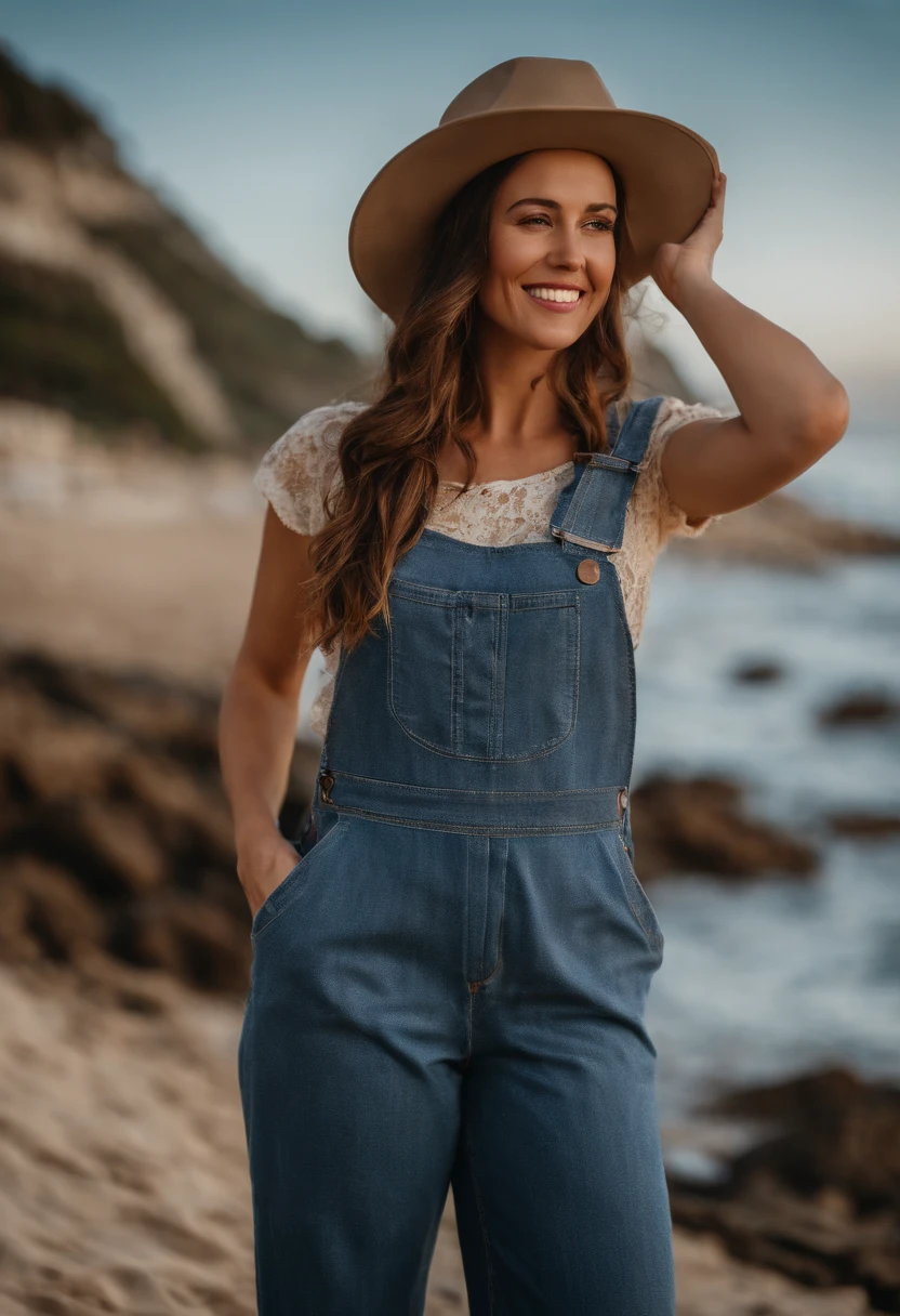 woman in denim overalls and hat standing on the beach, in the style of lighthearted, canon ef 35mm f/1.4l, mountainous vistas, mediterranean-inspired, lively facial expressions, high quality photo, winning, fun and happy feeling, ultra detailed, high definition, hyperrealism