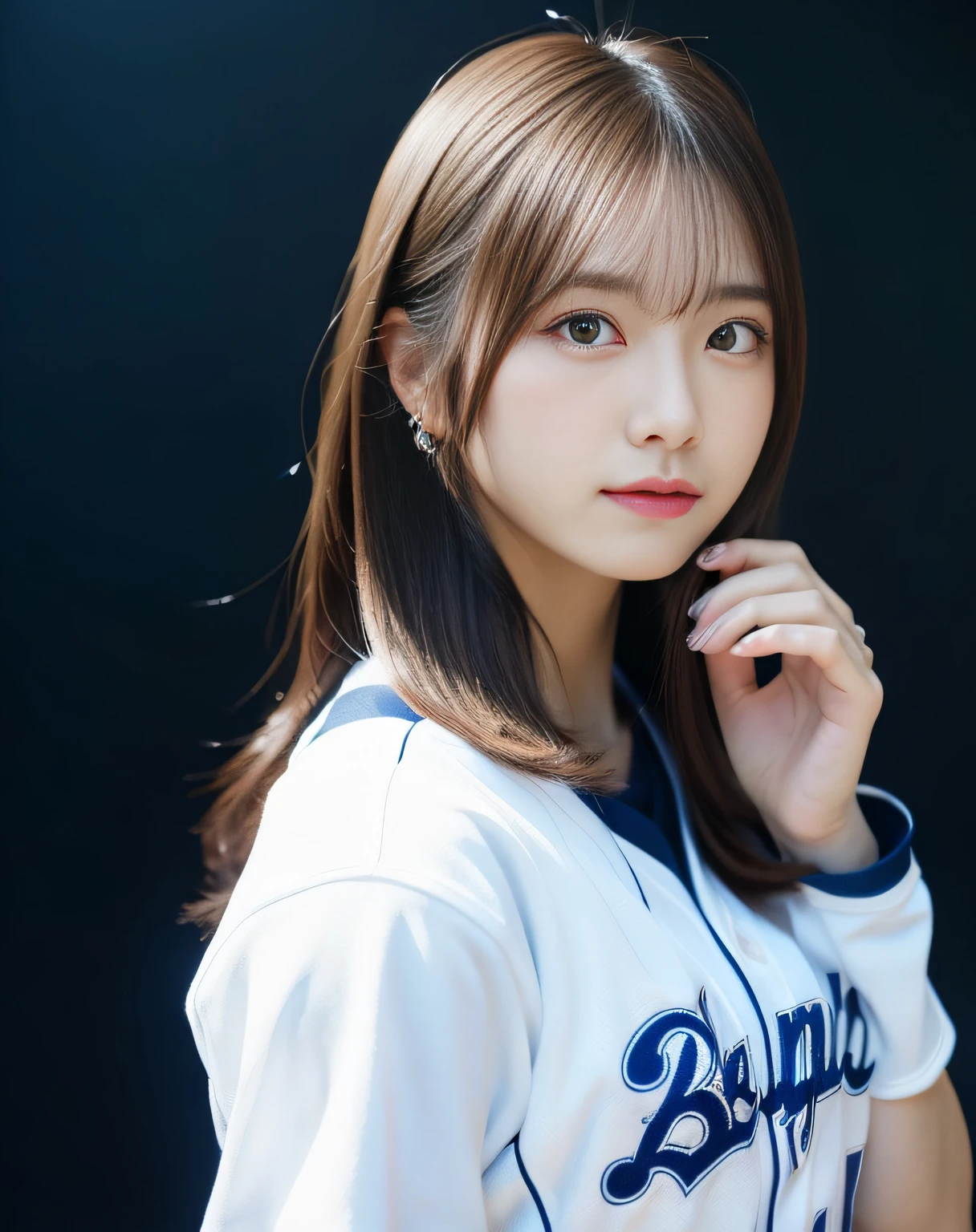 (Baseball Uniforms), Baseball Stadium, Japan Person Model、Young Sensual Gravure Idol、Young cute gravure idol、Realistic Young Gravure Idol、Realistic sensual gravure idol、Young gravure idols、sophisticated gravure idol、奈良美智、Young skinny gravure idol、beautifull asian girl ever、Pretty women、(dark brown hair)、hyperdetailed face、A detailed eye、二重まぶた、blured background、(4K、RAW Photos、top-quality、masters:1.2)、(reallistic、Photorealsitic:1.37)、cute little