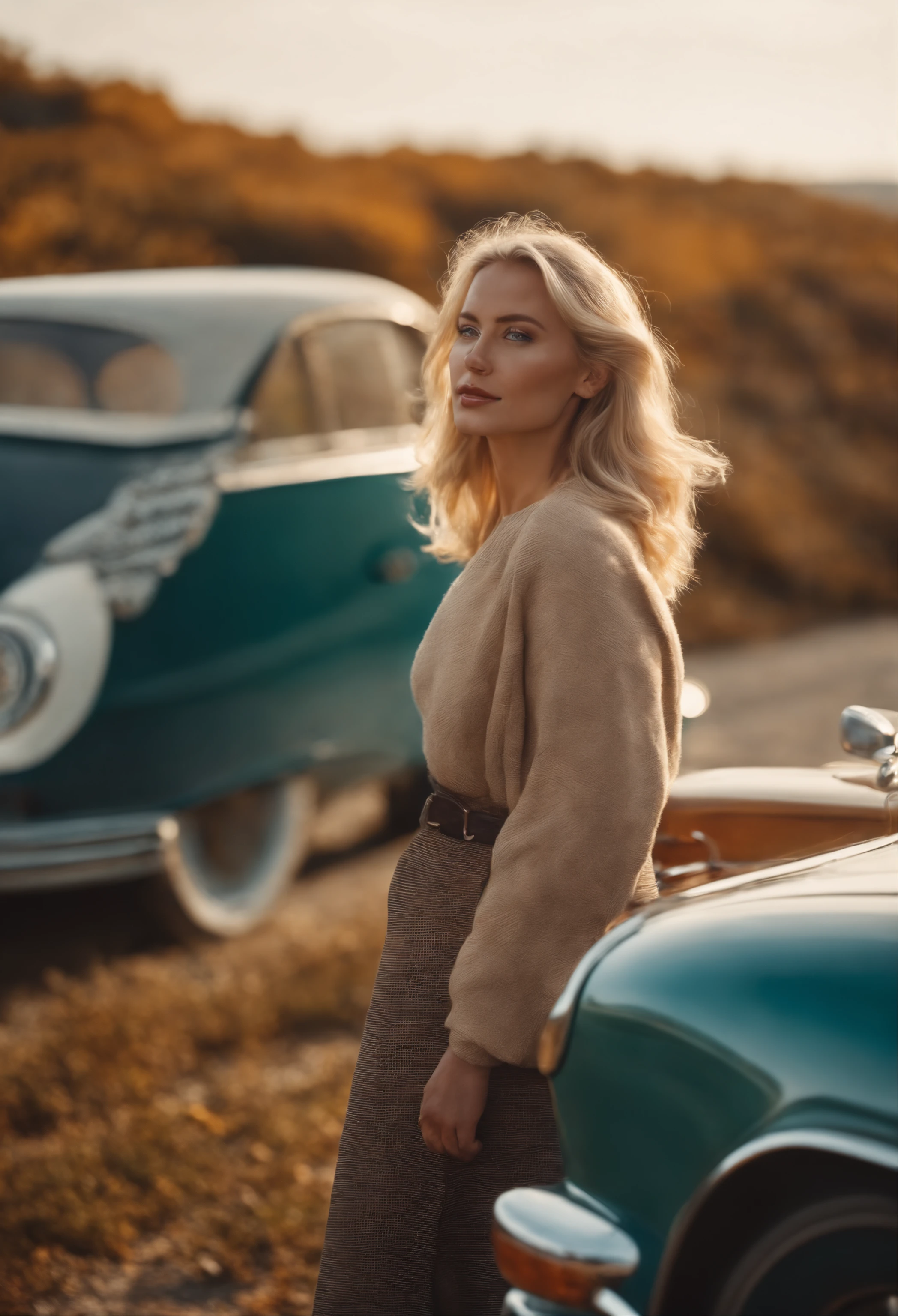blonde woman,autumn , retro car and sea in the background, sunny day, half body shot, high quality photo