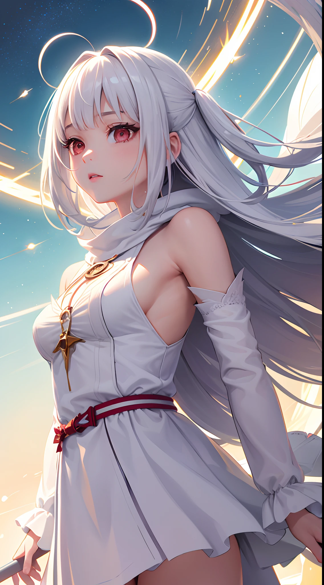 (masterpiece、top-quality、top-quality、Official art、Beautifully Aesthetic:1.2)、(1girl in)、ighly detailed、(Fractal Art:1.3)、colourfull、highestdetailed、face perfect、The upper part of the body、nffsw、(Mysteriously expressing the appearance of a girl:1.4)(doa:1.3)、(White cloak golden lines:1.2)、(white hair)、(red eyes)、intergalactic、(light streaks)、striking visuals、(Dynamic streaks、Bright trajectory:1.2)、vivd colour、