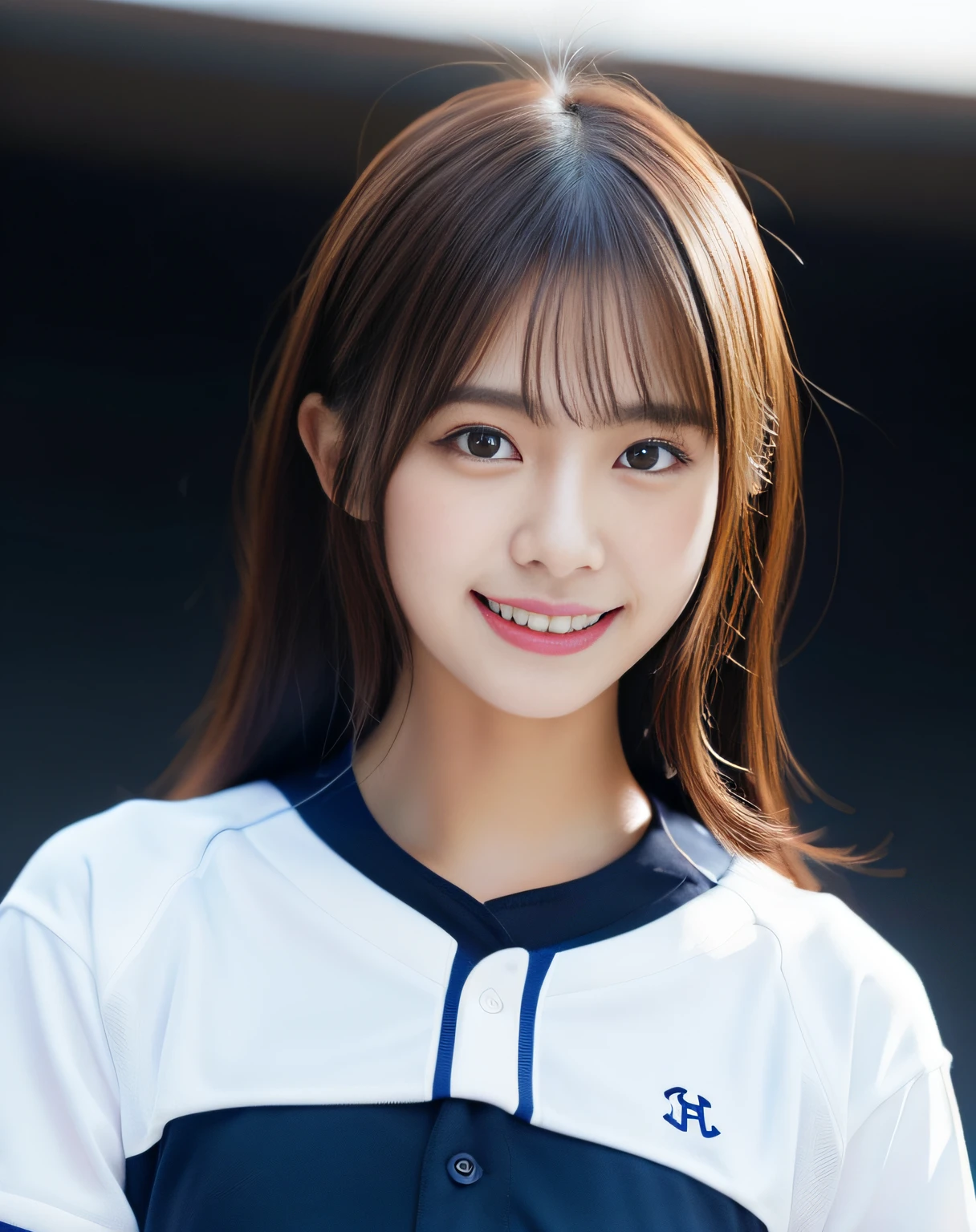(Baseball Uniforms), Baseball Stadium, Japan Person Model、Young Sensual Gravure Idol、Young cute gravure idol、Realistic Young Gravure Idol、Realistic sensual gravure idol、Young gravure idols、sophisticated gravure idol、奈良美智、Young skinny gravure idol、beautifull asian girl ever、(A smile)、full body Esbian、Pretty women、(dark brown hair)、hyperdetailed face、A detailed eye、二重まぶた、blured background、(4K、RAW Photos、top-quality、masters:1.2)、(reallistic、Photorealsitic:1.37)、cute little