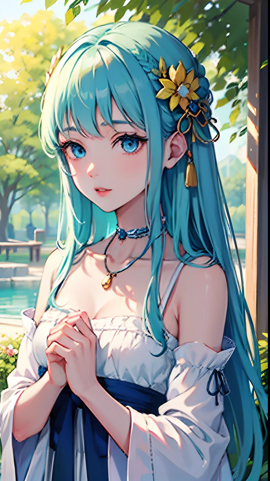 (masuter piece,Best Quality,Ultra-detailed), (A detailed face) realisitic, 1gril, 独奏, (lightblue hair), Floral ornament, length hair, blue eyess, 鎖骨, portraitures, cparted lips, flat-chest, Green Claw, a necklace, 耳Nipple Ring, see the beholder, Soft sunlight, plein air,Magic Afternoon, PastelColors,Fluffy impression, softfocus