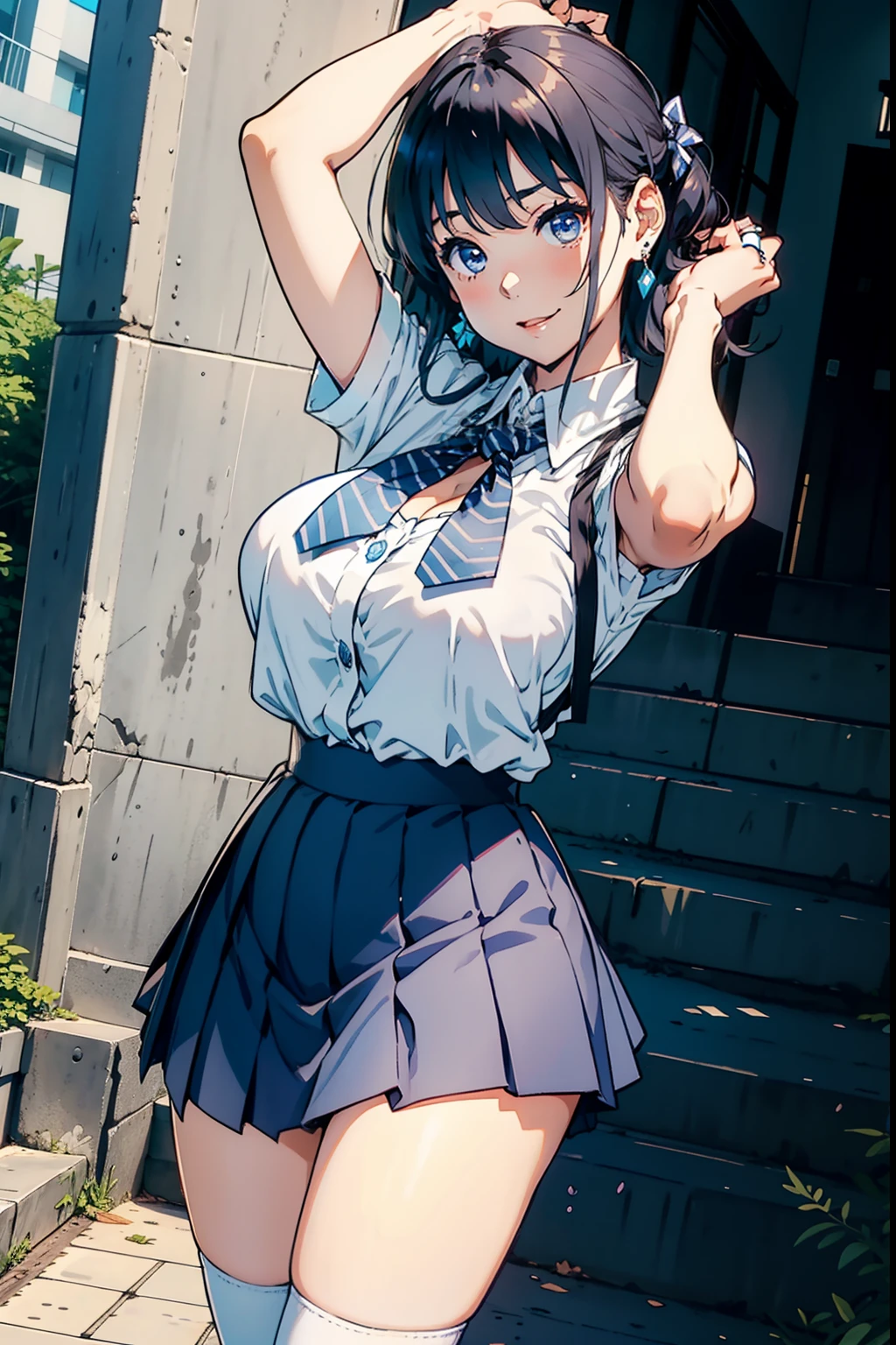 Michiru Hyodo、Black hair、Colossal tits、Blue eyes　a smile、Ring earrings、Bra with white blue border pattern、Striped pattern　Beige pleated skirt、Ribbon Ties、White High Socks、Black loafers、stairway、facing back　Armpit