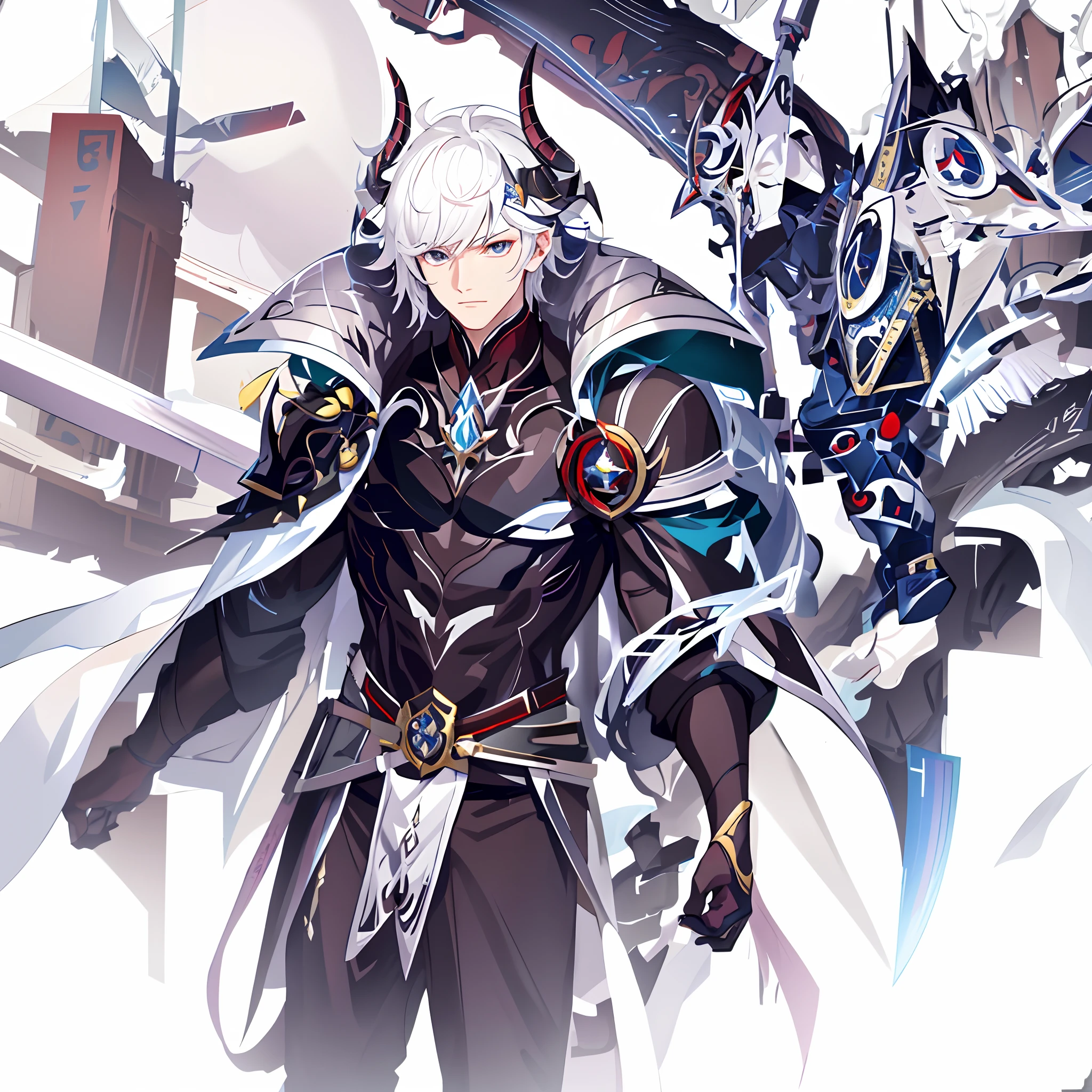 anime character with white hair and armor holding a sword, keqing from genshin impact, zhongli from genshin impact, genshin impact character, by Yang J, genshin, casimir art, genshin impact, official character art, video game genshin impact, demon male, aion, loong, key anime art, the former demon king