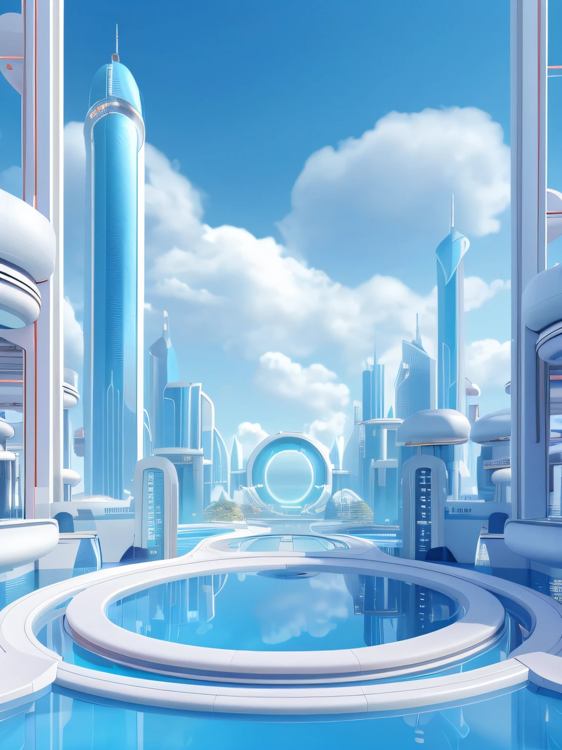 Cidade futuristica，The background is the swimming pool and futuristic buildings, futuristic utopian city, futuristic urban background, futuristic city in background, hyper-futuristic city, vista of futuristic city, futuristic utopian metropolis, futuristic urban background, Futuristic city background, Futuristic setting, Futuristic city landscape, Futuristic city landscape, Beautiful city of the future, Photo of futuristic cityscape
