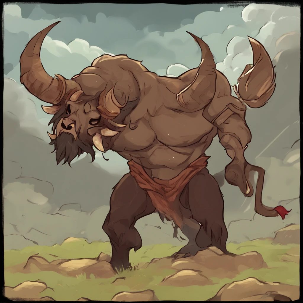 ultra-detailed, masterpiece, masterwork, high quality, best quality, hdr, (nature), posted on e621, (by Chunie ), nsfw, male, solo, chibi, ((nude, micropenis, foreskin, perfect balls)), (red hairy body minotaur), dragon, (white body), (long brown hair, yellow eyes), standing, from below, dynamic angle