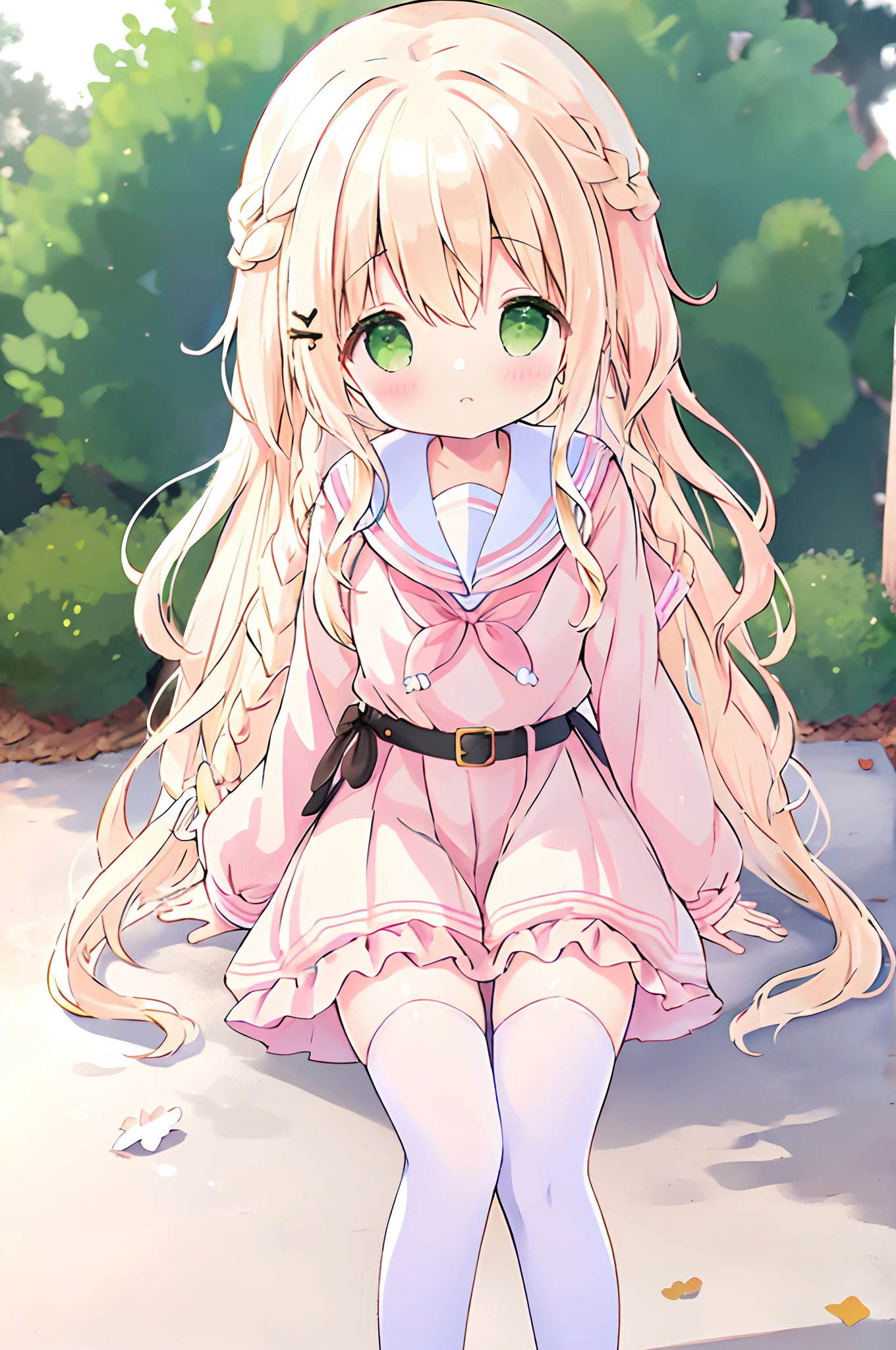 (masterpiece, best quality), one cute girl, the background is (outdoors), (dynamic pose), the girl wearing (light pink dress:1.4), (light pink sailor dress, light pink long sleeves, thin brown belt, white frill white simple kneesocks:1.4), BREAK
the background is (outdoors), the girl has (long blonde hair wavy hair:1.2) (with French braid behind hair), [[green eyes]],