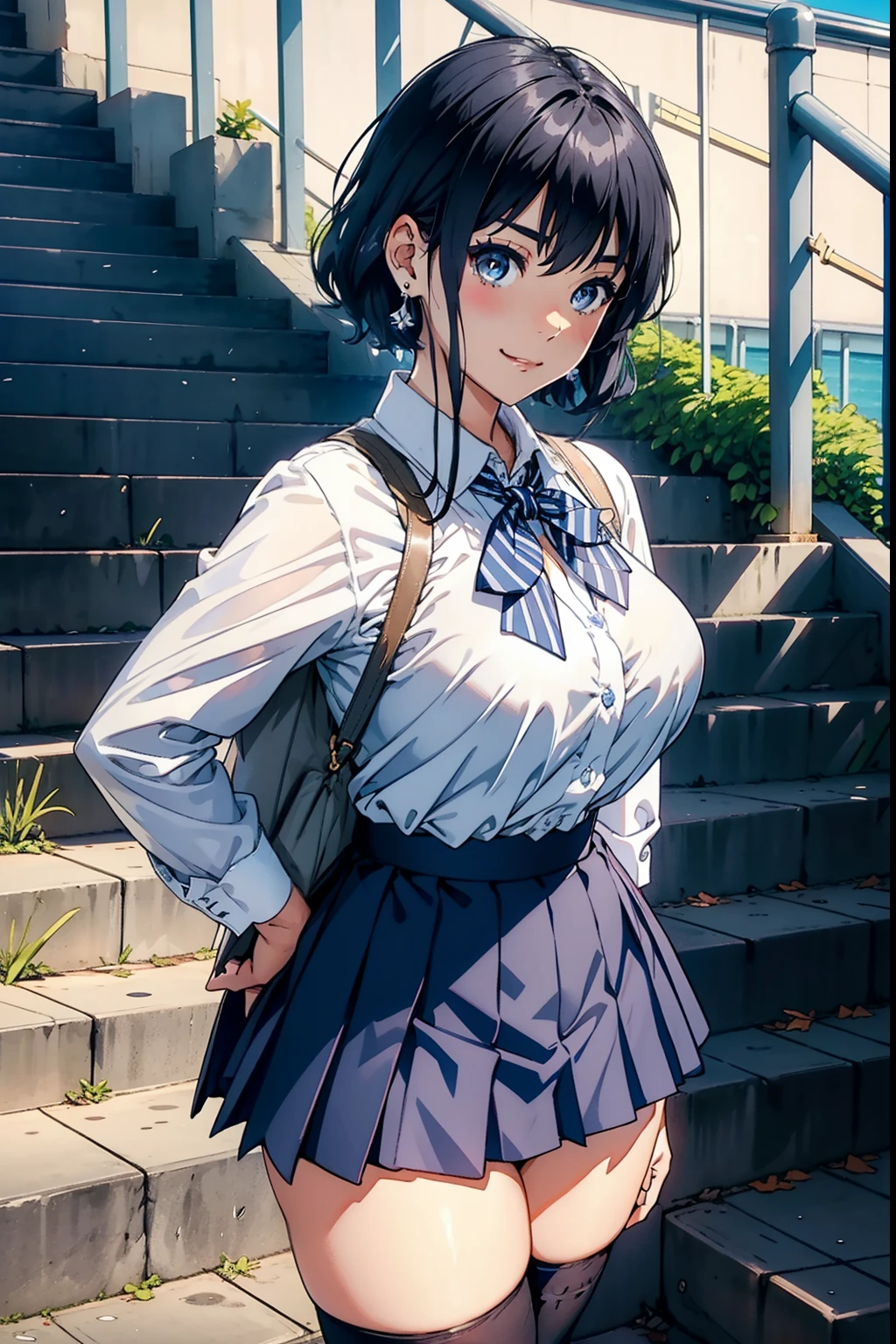 Michiru Hyodo、Black hair、Colossal tits、Blue eyes　a smile、Ring earrings、Bra with white blue border pattern、Striped pattern　Beige pleated skirt、Ribbon Ties、White High Socks、Black loafers、stairway、facing back　Armpit