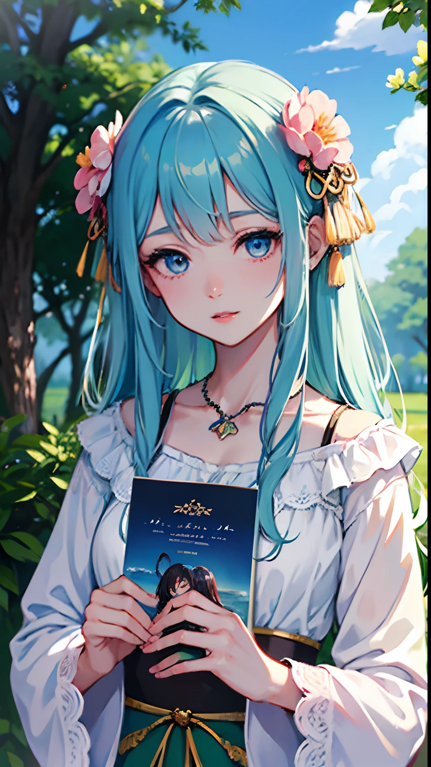 (masuter piece,Best Quality,Ultra-detailed), (A detailed face) realisitic, 1gril, 独奏, (lightblue hair), Floral ornament, length hair, blue eyess, 鎖骨, portraitures, cparted lips, flat-chest, Green Claw, a necklace, 耳Nipple Ring, see the beholder, Soft sunlight, plein air,Magic Afternoon, PastelColors,Fluffy impression, softfocus, (magazine:1.3), (cover-style:1.3),