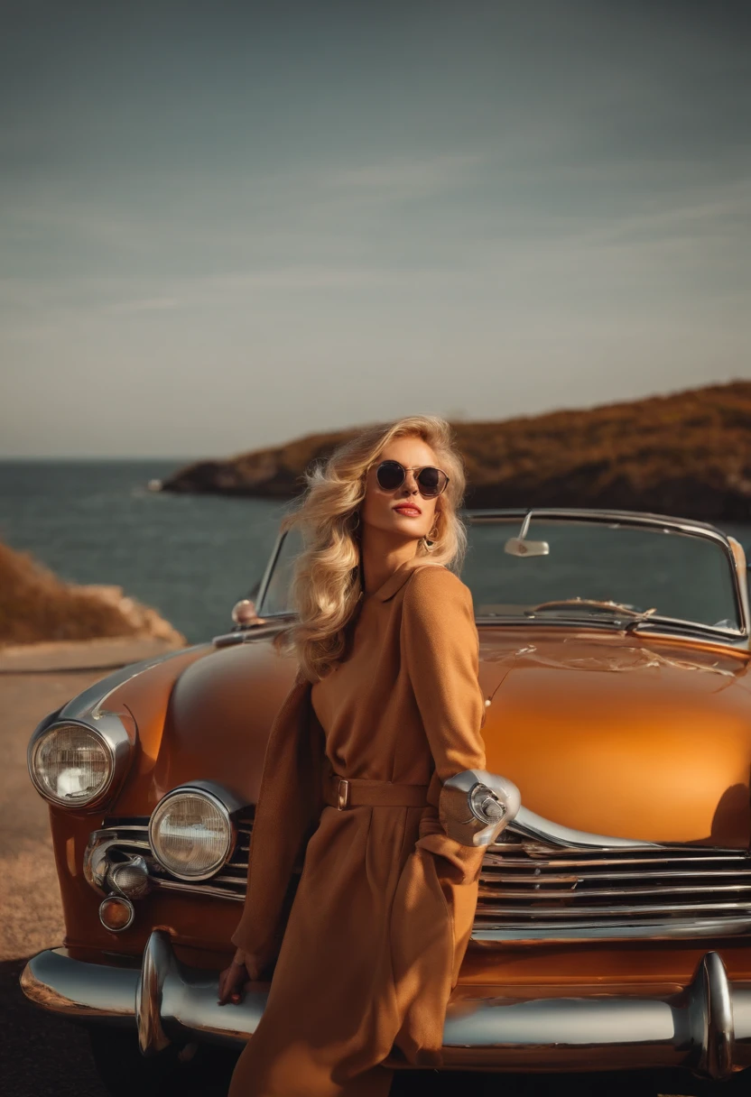 blonde woman,autumn , retro car and sea in the background, sunny day, half body shot, high quality photo