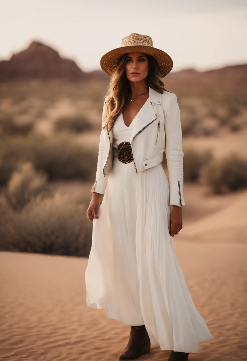 a young girl wearing a straw hat standing in the desert wearing a white dress and black leather jacket, in the style of celebrity photography, photo taken with provia, candid portraiture, genderless, leather/hide, modern jewelry, flickr .