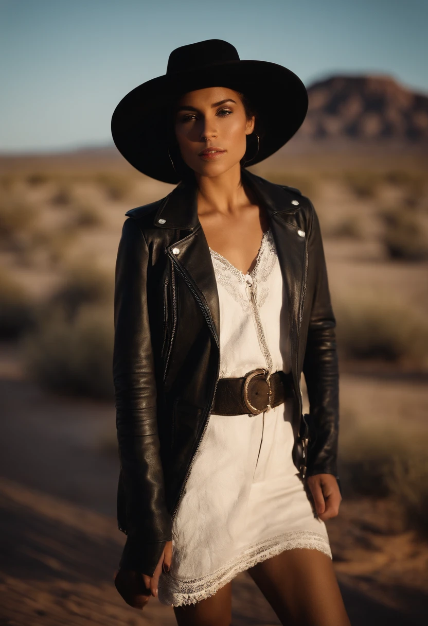 a young girl wearing a straw hat standing in the desert wearing a white dress and black leather jacket, in the style of celebrity photography, photo taken with provia, candid portraiture, genderless, leather/hide, modern jewelry, flickr .