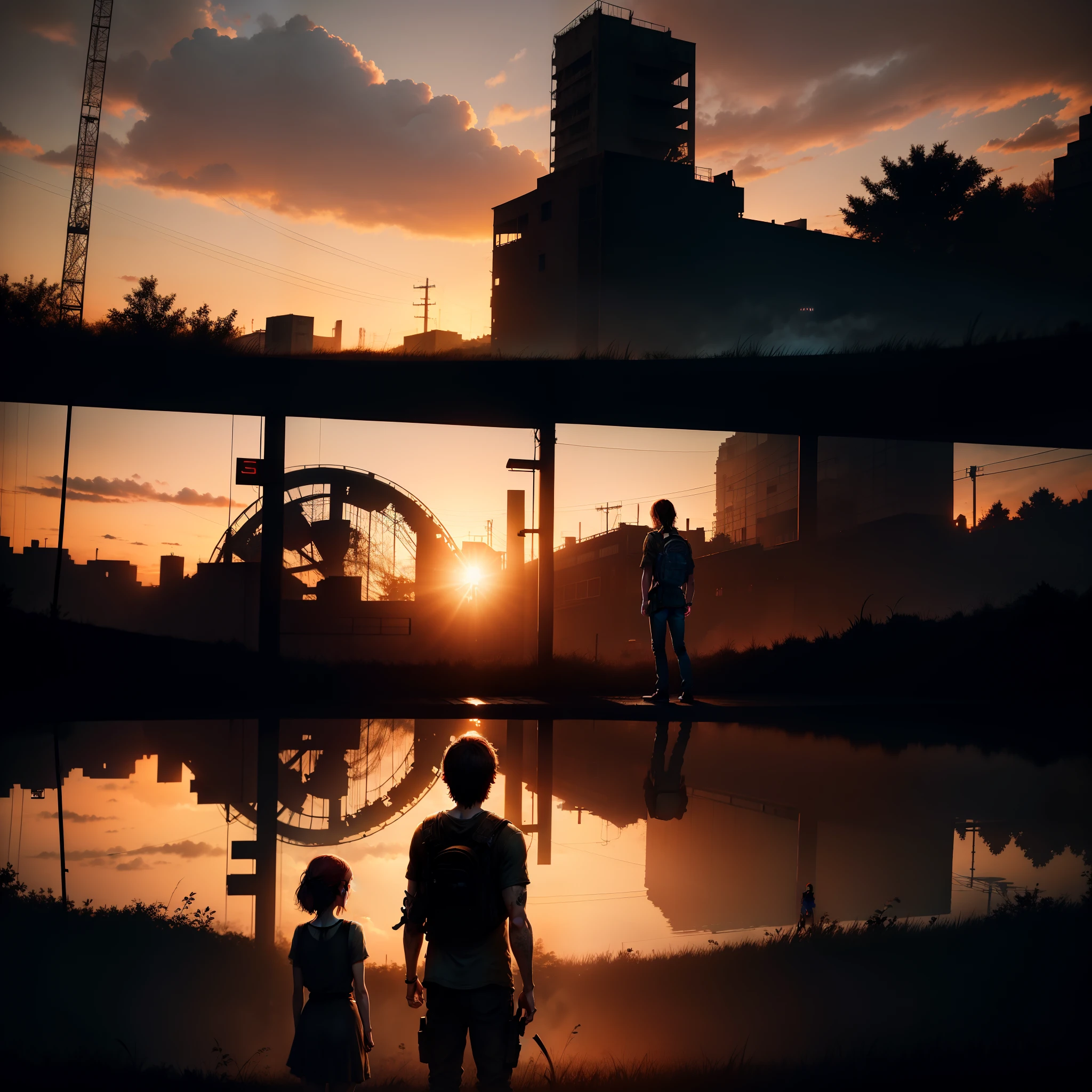 The Last of Us 1.  Joel and Ellie at an abandoned amusement park. the Last of Us, Joel e Ellie, sun sunset, You only see the silhouettes of the man and the girl. the Last of Us, Joel e Ellie