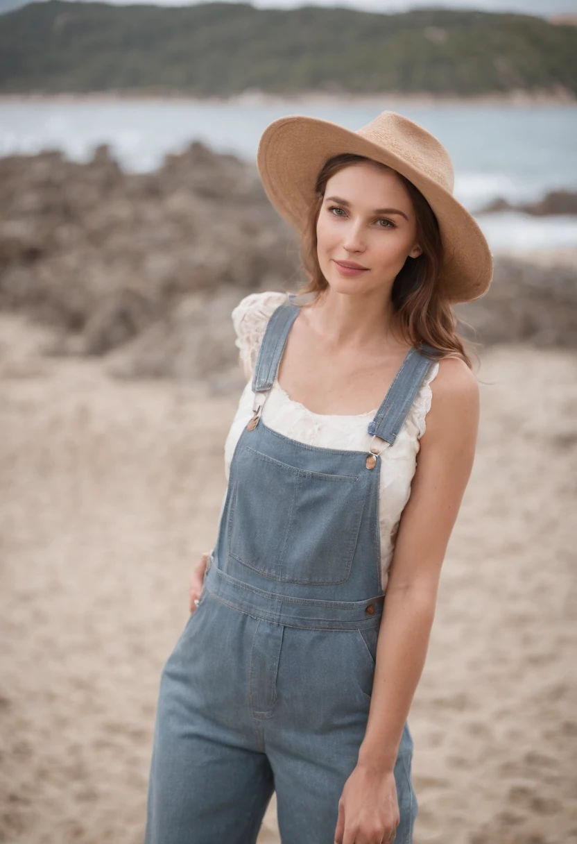 woman in denim overalls and hat standing on the beach, in the style of lighthearted, canon ef 35mm f/1.4l, mountainous vistas, mediterranean-inspired, lively facial expressions, high quality photo, winning, fun and happy feeling, ultra detailed, high definition, hyperrealism