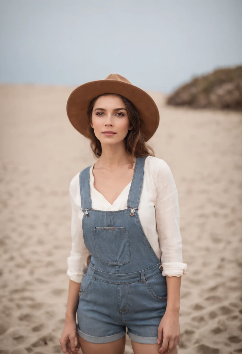 woman in denim overalls and hat standing on the beach, in the style of lighthearted, canon ef 35mm f/1.4l, mountainous vistas, mediterranean-inspired, lively facial expressions, high quality photo, winning, fun and happy feeling, ultra detailed, high definition, hyperrealism