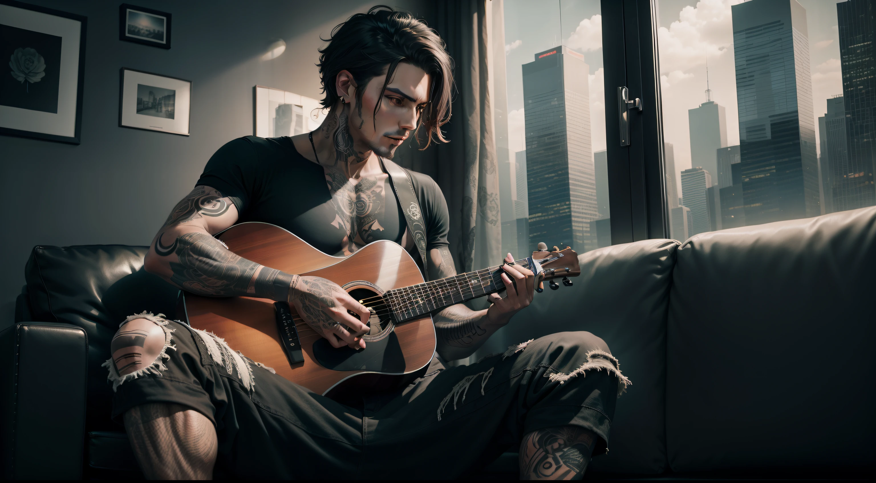 A tattooed man, sitting on a sofa, black room, guitar, speakers, dark room, city and windows