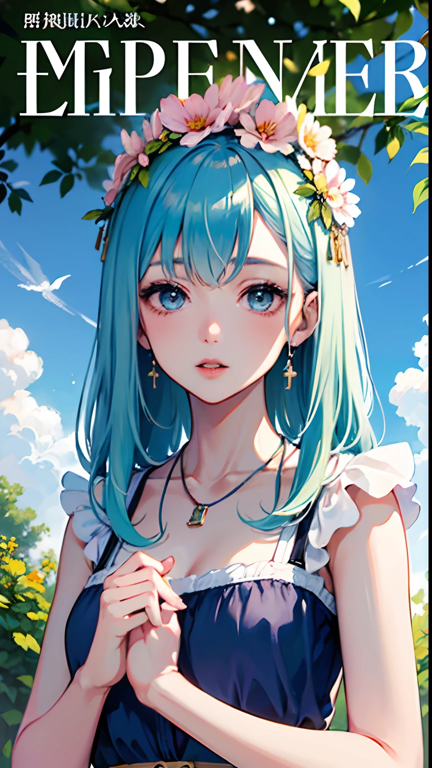 (masuter piece,Best Quality,Ultra-detailed), (A detailed face) realisitic, 1gril, 独奏, (lightblue hair), Floral ornament, length hair, blue eyess, 鎖骨, portraitures, cparted lips, flat-chest, Green Claw, a necklace, 耳Nipple Ring, see the beholder, Soft sunlight, plein air,Magic Afternoon, PastelColors,Fluffy impression, softfocus, (magazine:1.3), (cover-style:1.3),