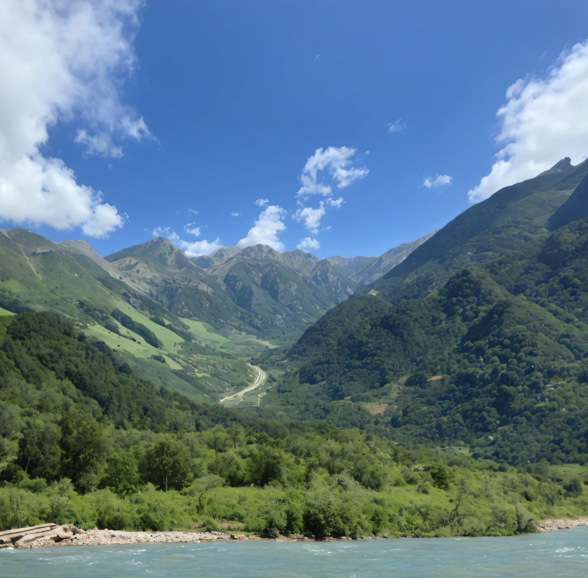 Midday Valley,summer setting, There are several trees in the middle of the valley, visto ao longe, 8K