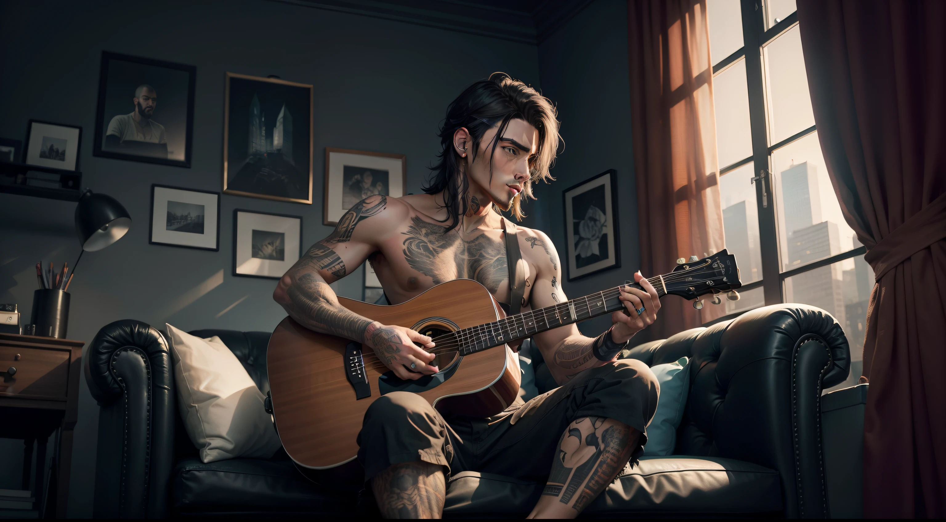 A tattooed man, sitting on a sofa, black room, guitar, speakers, dark room, city and windows