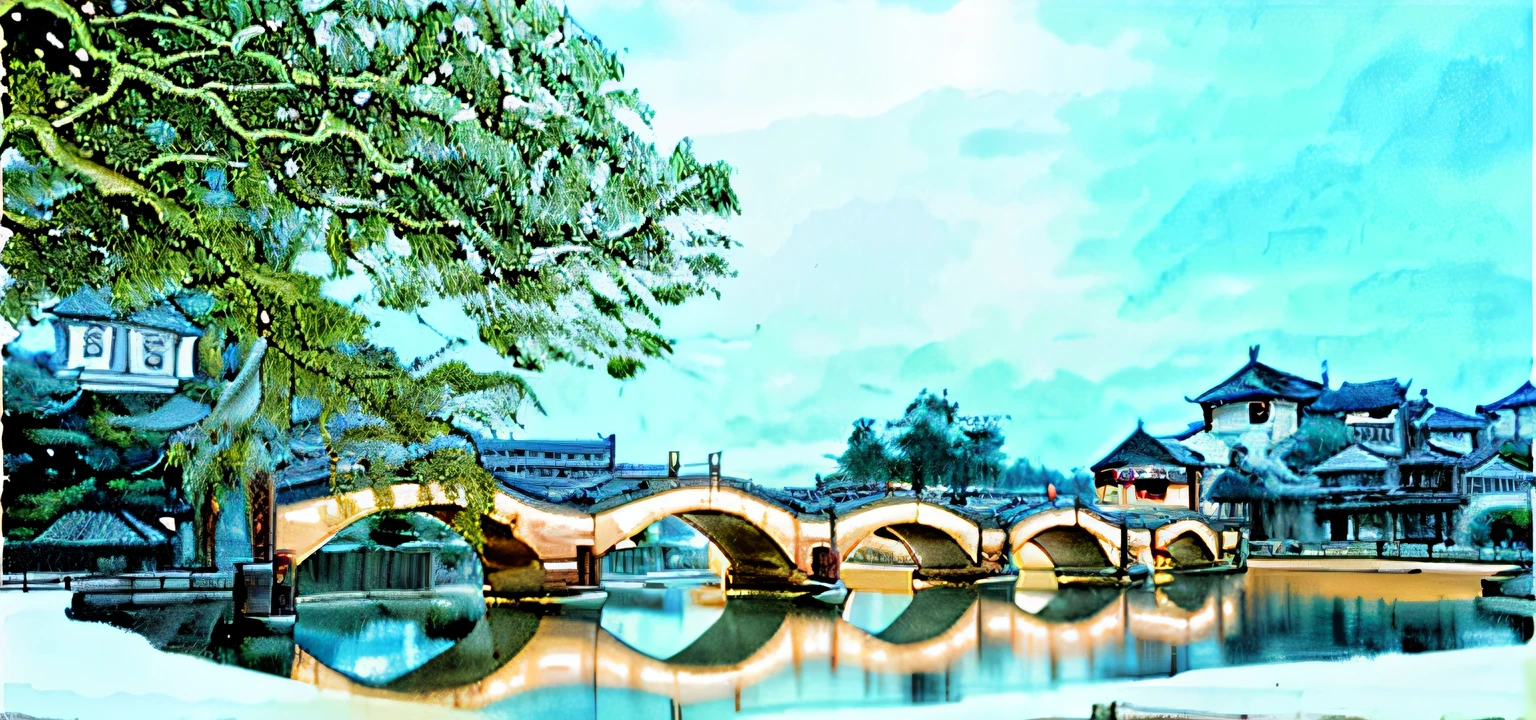 There is a bridge，Illuminated by lights on the water, Hangzhou, Riverside, guangjian, bridge, travel, Highlight, Chinese tradition, qiangshu, Ancient Chinese architecture, by Ni Yuanlu, all buildings on bridge, Portrait shooting, Chinese architecture, gwanghwamun, Five bridges travertine bridge, Wonderful, Bridges, Edited, In the spotlight
