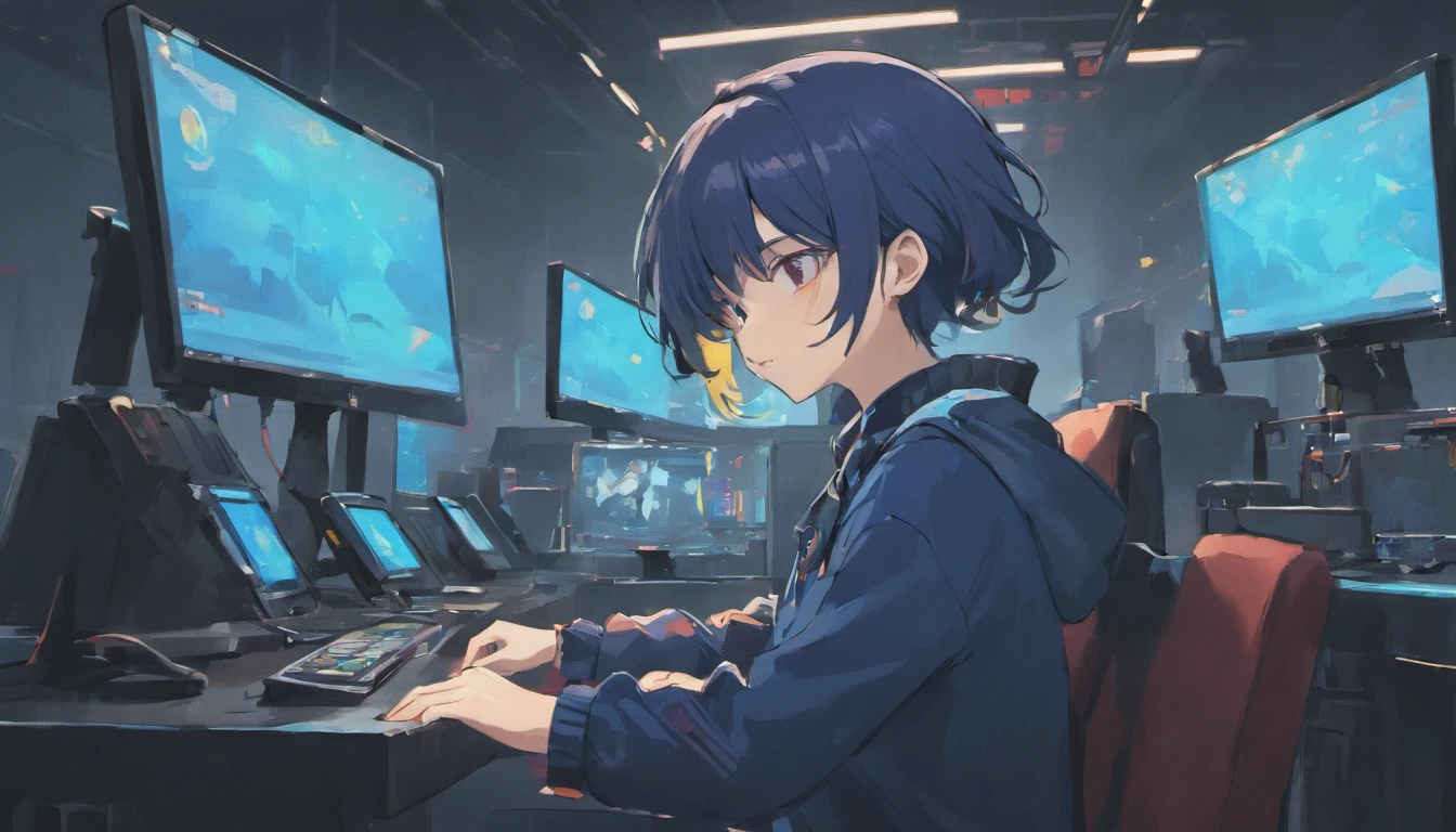 Theme is composition work in DTM、Male but neutral face、Hair length is short and navy color、You are using headphones、Headphone models AKG、A gray jacket that hides up to the neck with a red line、Sitting in a chair looking at a screen、There is a monitor, MIDI keyboard and mouse on the table.、I'm about to play、