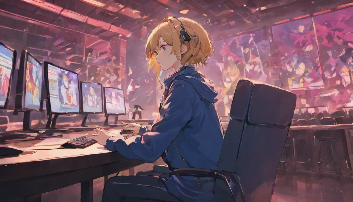 Theme is composition work in DTM、Male but neutral face、Hair length is short and navy color、You are using headphones、Headphone models AKG、A gray jacket that hides up to the neck with a red line、Sitting in a chair looking at a screen、There is a monitor, MIDI keyboard and mouse on the table.、I'm about to play、