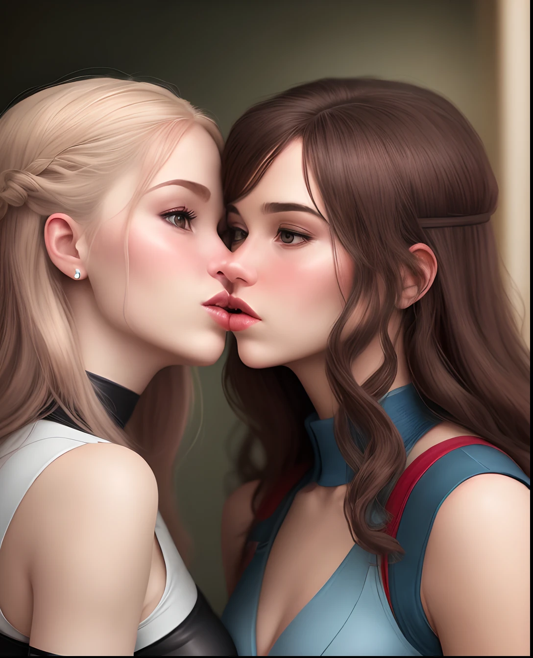 Two realistic female clones making out