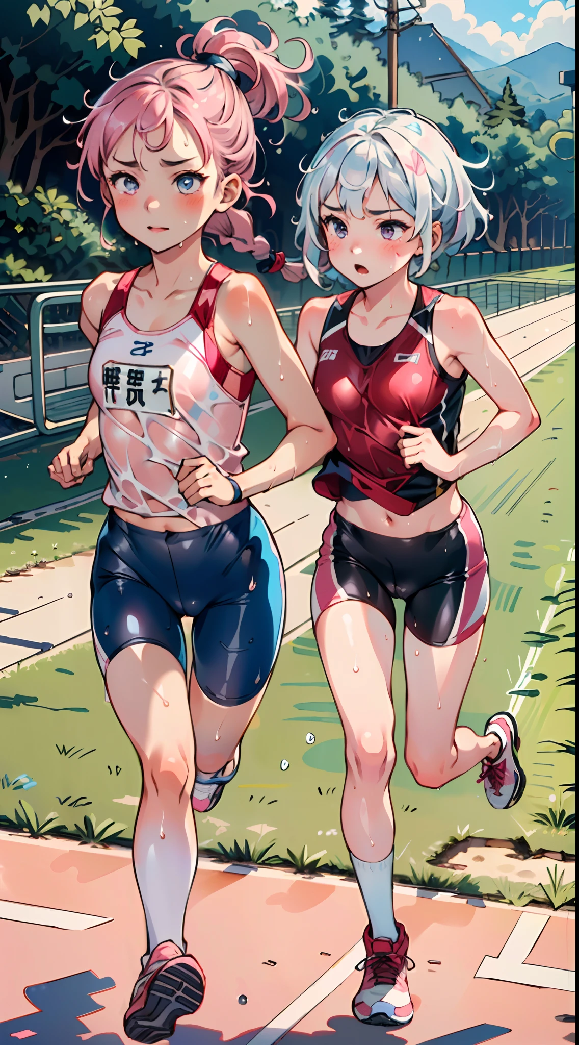 masterpiece, best quality, ultra-detailed, illustration, an extremely delicate and beautiful,high resolution, ultra-detailed,,perfect face,slender perfect body, Tight belly,Toned buttocks,Constricted waist,,(2 girls to running:1.7), yo,(1girl to pink hair,1girl to white hair), (1girl to very short hair,1girl to braided long hair),(hachimaki), shy daughter, short stature, small tits,(flom track and field), (fashionable track and field athlete),(bike shorts), small tits, (wet:1.2), track and field,stadium,((very wide shot )),(cameltoe),(  visible through clothes:1.2)