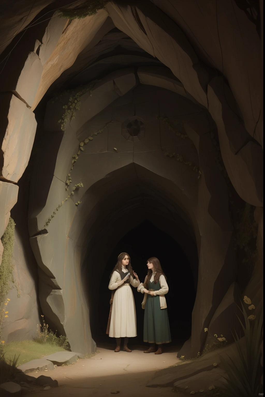 pre-raphaelite scene of a ((magical portal)), inside a dark ((cave)), two explorers, ((1890s clothes))