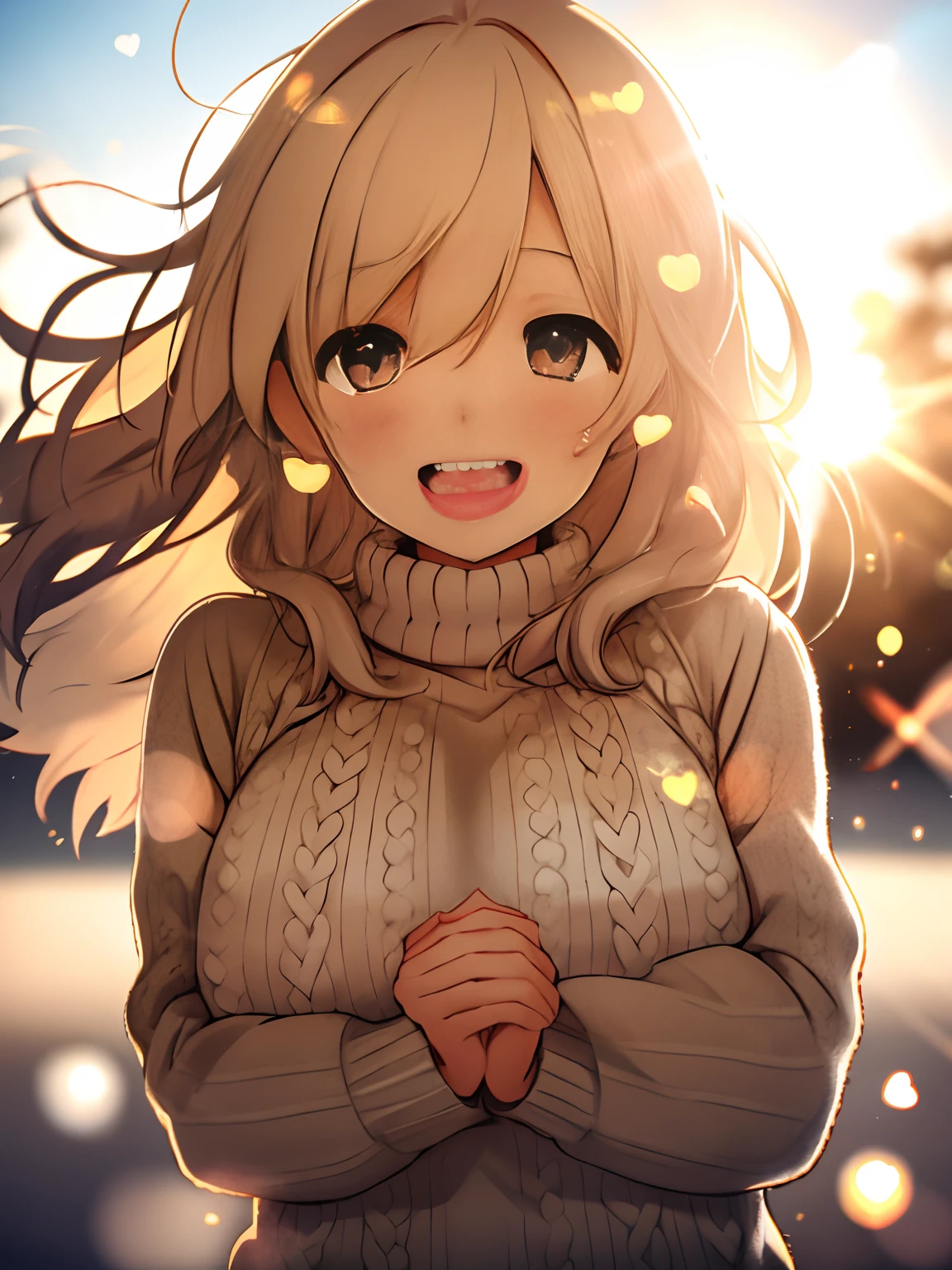 a girl, cosy sweater on, upper body, (huge Laughing:1.1), (open mouth:1.1), (wide open eyes:1.2), sun glare, bokeh, depth of field, blurry background, light particles, strong wind, (heart particles:1.1)