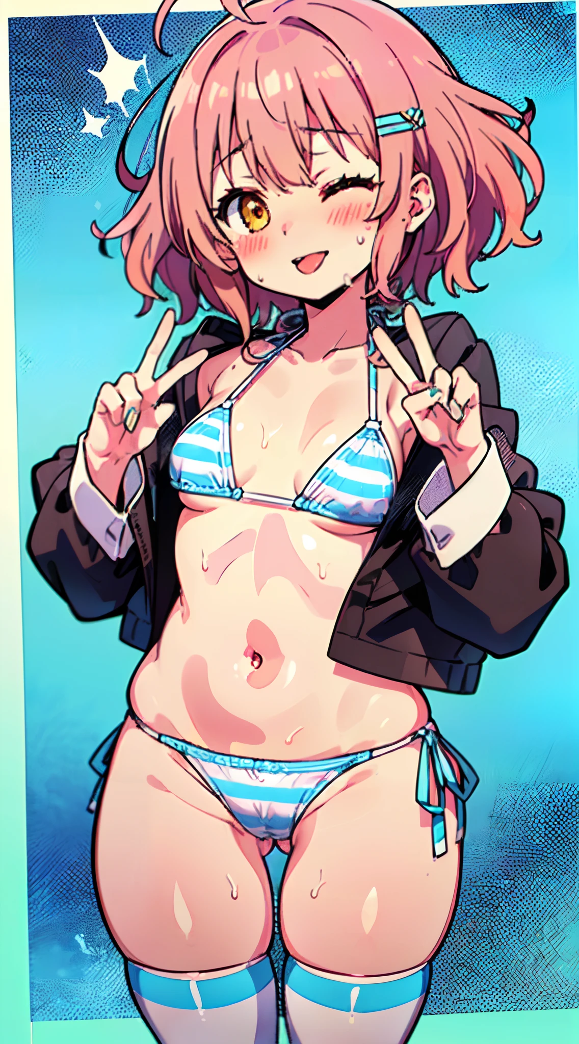 (Perfect body),Best Quality, K,(((((Lori)))))、((((NSFW))))、(((((blush))))),(((((:D)))))、(((((put out the tongue)))))、(((Put the peace sign of her right hand to my lips)))、((One eye is closed))、embarrassed from、(((((Brown skin))))),(Short hair), (((Orange Eyes))),((((Pink hair)))),(Sweat),(((small tits))),((((Wavy Hair)))),Ahoge,hair clips,(white knee-socks),((Big ass)),(((Light blue striped bikini)))、((camisa branca aberta))、(Yellow Mini Skirt)、(thick thighs)、(((((short in stature)))))、