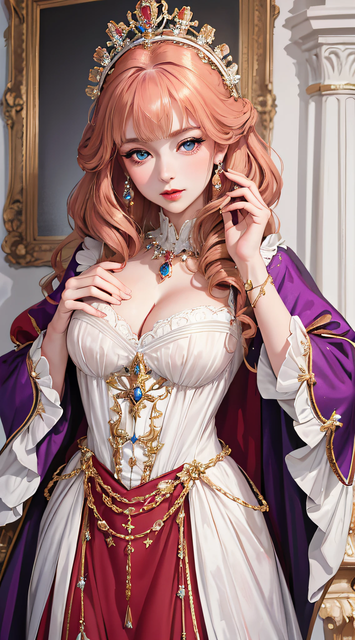 A JustforFun creation. (((Ultra detailed, beautiful face, Megapixel))) Create an intriguing and visually striking photo realistic image of Queen Elizabeth I, the renowned monarch of England, portrayed with a modern twist. Queen Elizabeth possesses an air of regal authority, with piercing (pale blue) eyes that exude intelligence and power. Her hair, an elaborate arrangement of (strawberry blonde) curls intricately styled, frames her face with a touch of royal elegance. She wears a contemporary interpretation of her iconic royal garments, with a modern silhouette and luxurious fabrics. Her gown, crafted from rich brocade, is adorned with intricate gold embroidery, showcasing her regal status. The vibrant colors of her ensemble, including hues of rich crimson and deep purple, reflect both her strength and majesty. In her hand, she holds a (((smartphone))), symbolizing her ability to navigate the complexities of the modern world while maintaining her royal heritage. Against a backdrop that combines traditional royal motifs with modern elements, Queen Elizabeth's unwavering poise and iconic presence shine through. With your camera, a high-resolution mirrorless camera paired with a portrait lens, you will capture the timeless elegance and regal grace of Queen Elizabeth I, merging the past with the present.