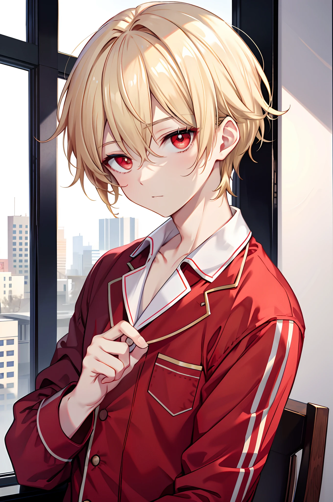 Masterpiece, Best quality, High quality, 1boy, Solo, Male focus, view the viewer, Upper body, Red eyes, Blonde hair, hair between eye, , pajamas，exteriors