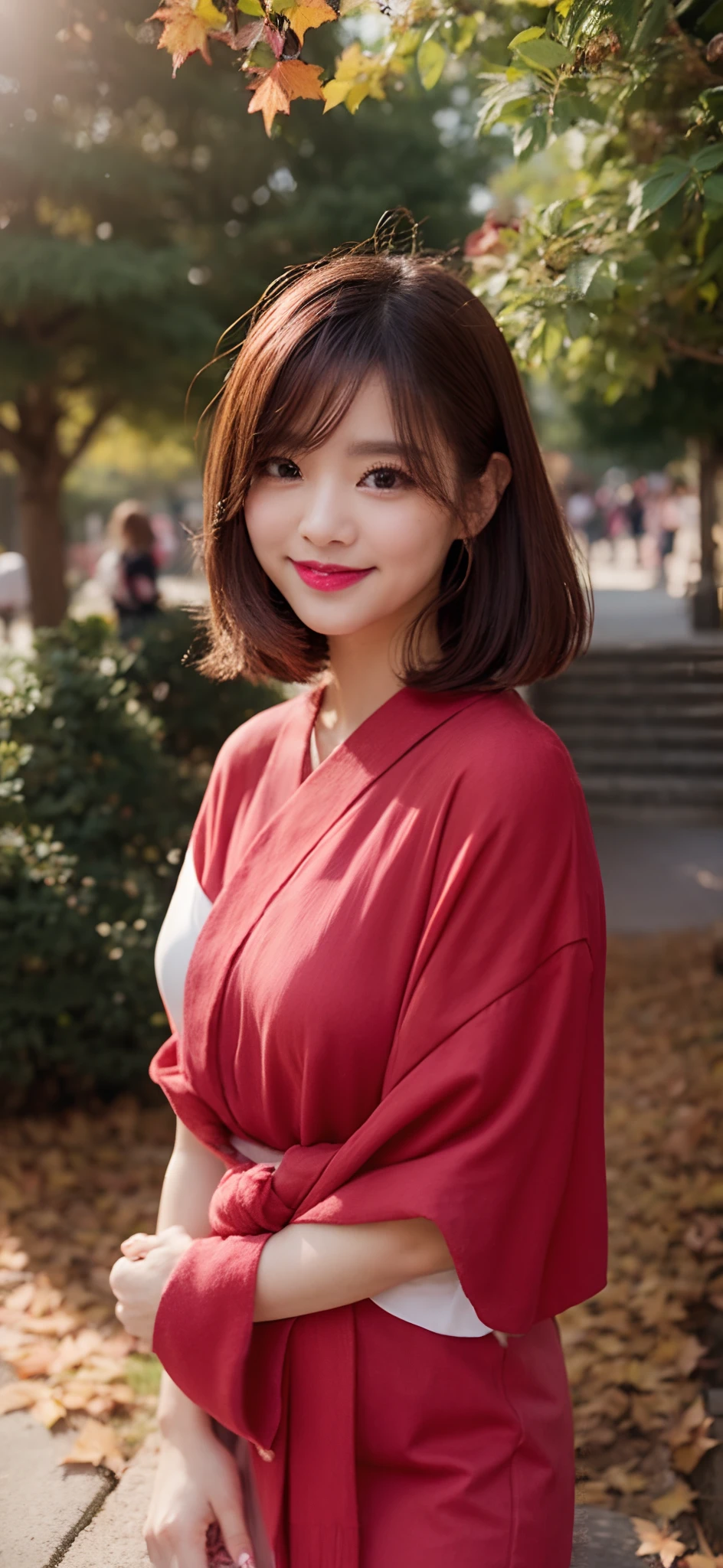 Very beautiful woman、top-quality、ren、Milk、pink lipsticks、a smile、Slouching posture、Autumn leaves、Temple Walk、Wearing a yukata