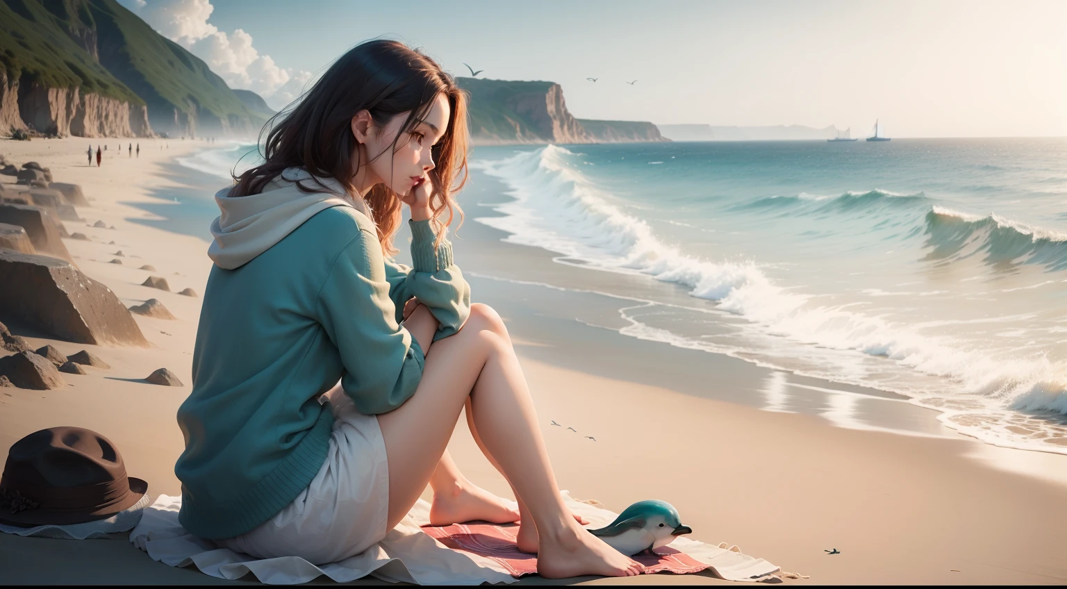 A lovely beach, waves, dolphins, a lady sitting alone,birds