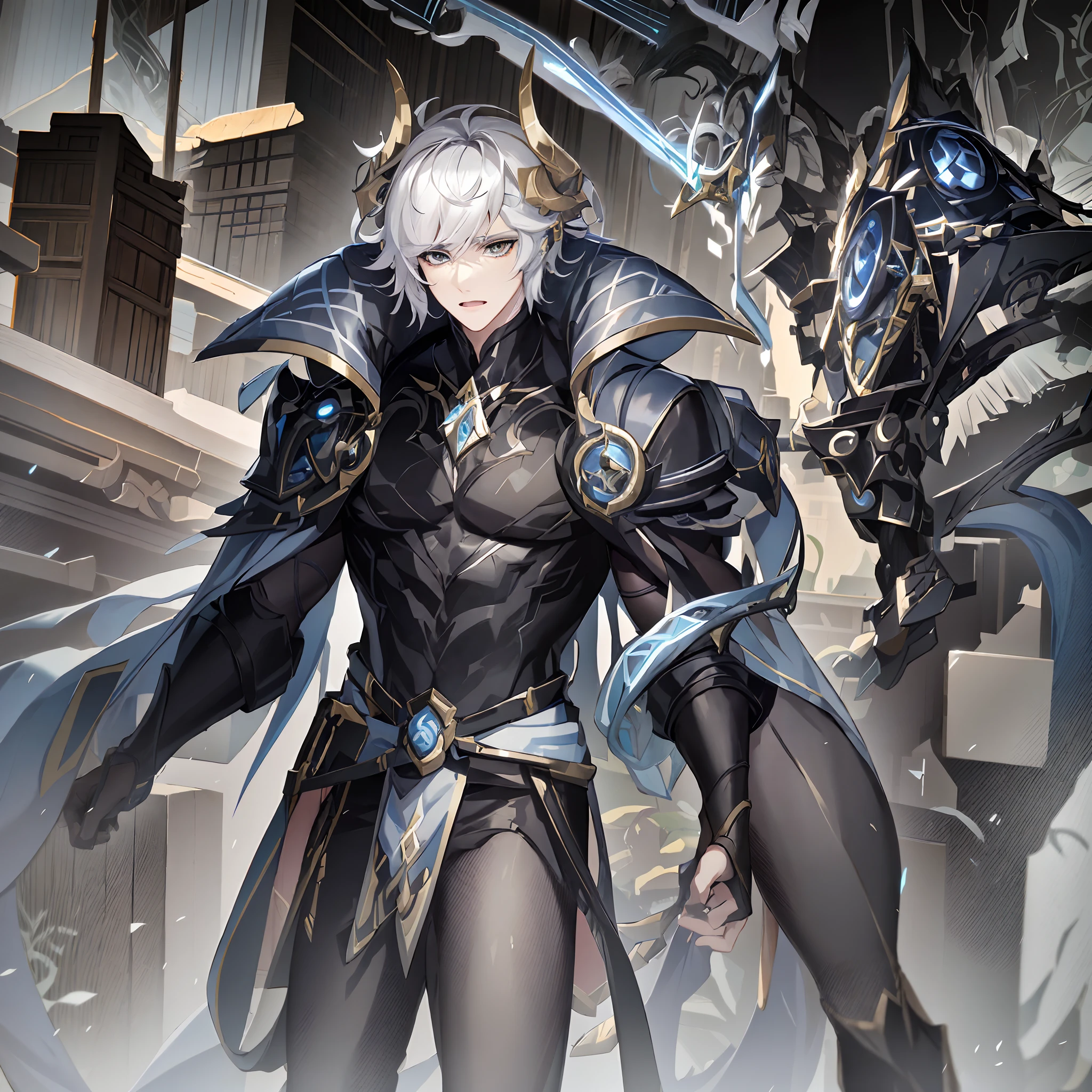 anime character with white hair and armor holding a sword, keqing from genshin impact, zhongli from genshin impact, genshin impact character, by Yang J, genshin, casimir art, genshin impact, official character art, video game genshin impact, demon male, aion, loong, key anime art, the former demon king