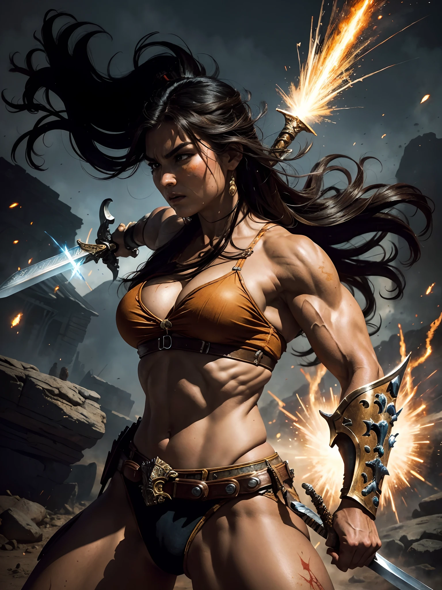 Masterpiece, Cowboy shot, from below, close up of a warrior, 1 girl, action scene, in the style of Frank Frazetta’s paintings, with a fierce, muscular hero attackingwith a ((broadsword)) and a fiery aura, ((sparks)), front view,