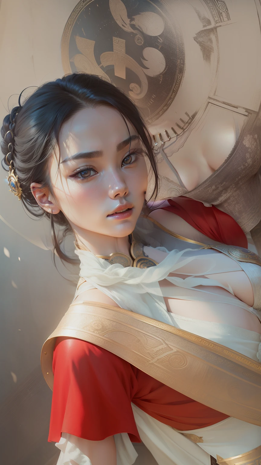 Best quality,masterpiece,ultra high res,(photorealistic:1.4),xiuxian,weapon,Detailed face, 1girl,solo,weapon,cleavage,(magic circle:1.2),xiuxian,upper body,Beautiful girl,full body,east asian architecture,sheath,architecture,