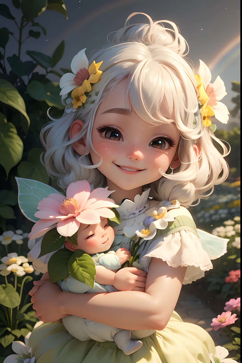 Cute flower fairy baby,The smile is bright,Let's be happy,bun hairstyle, Light-colored hair,Beautiful garden,In the daytime,Bright rainbow-colored landscape,plethora of colors,Rich in elements,Delicate facial features, Clear facial features, Optimized details,Ultra-high sharpness,k hd,8K