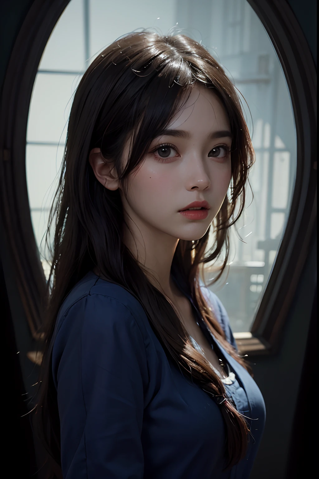 Portrait of a female hyperrealist by David Hockney and Alphonse Mucha、Fantasyart、Photorealsitic、动态照明、art stations、Volumetric lighting、extra detailed face、4 k、Award-winning、、1girl、dark、deep-shadows、lowkey、cowboy shot、(Formula service:1.4)、length hair、A dark-haired、