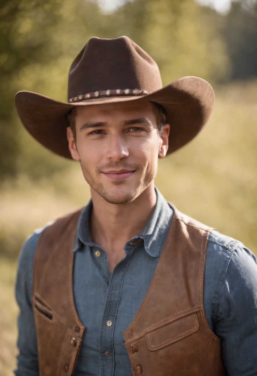 happy man , wearing cowboy hat, cowboy vest, side lighting, sunny day, half length shot, high quality photo.