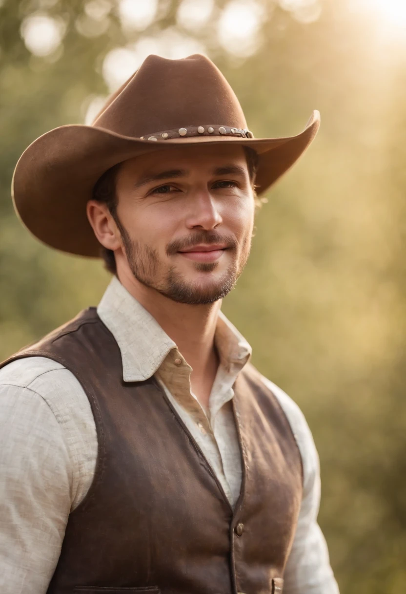 happy man , wearing cowboy hat, cowboy vest, side lighting, sunny day, half length shot, high quality photo.